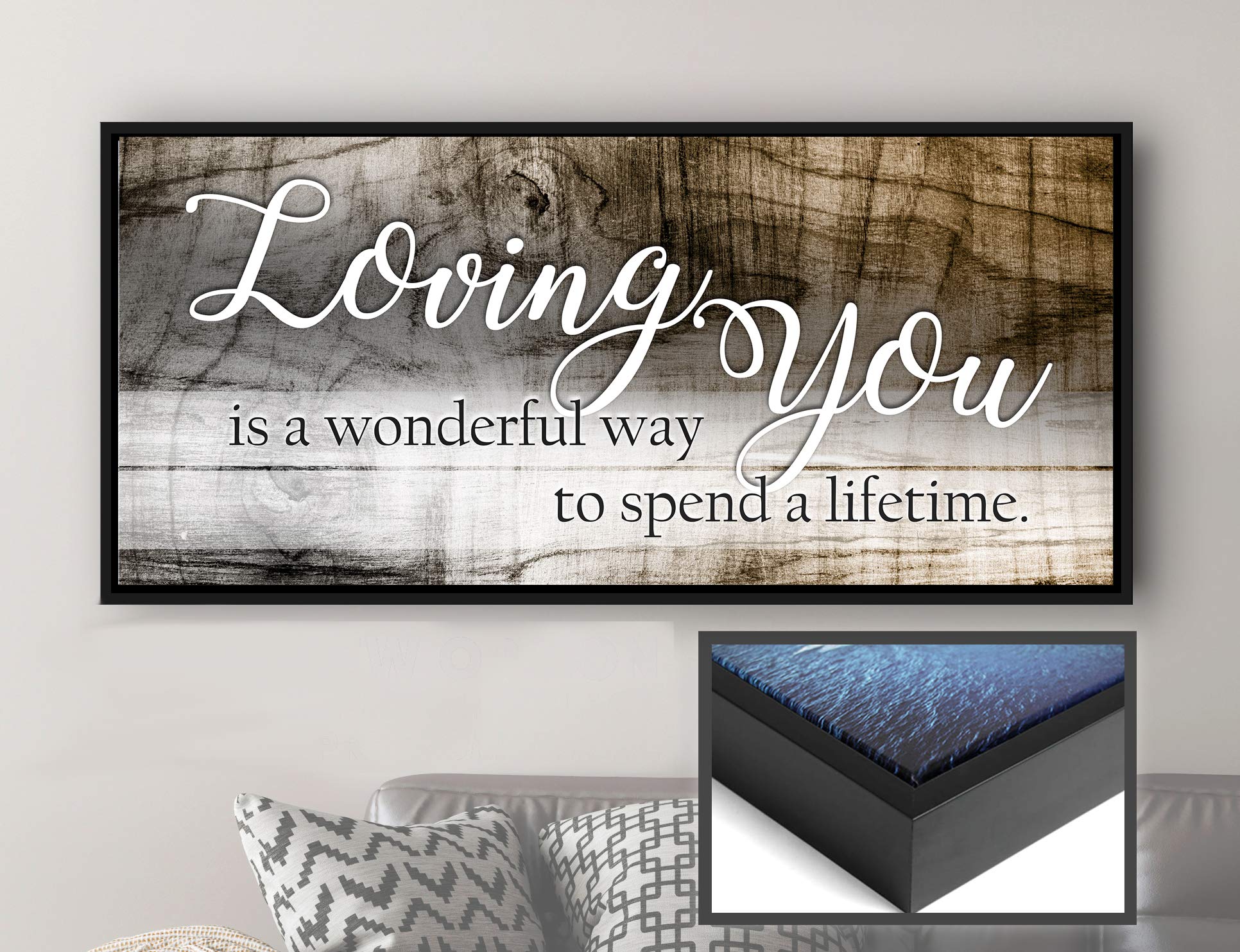 Couples Wall Decor Wood Framed Canvas - Rustic Bedroom Art for Couples - Ready to Hang 42x19 Inch - Loving You a Lifetime Brown Bronze Painting - Perfect for Anniversary Gifts & Romantic Home Decor