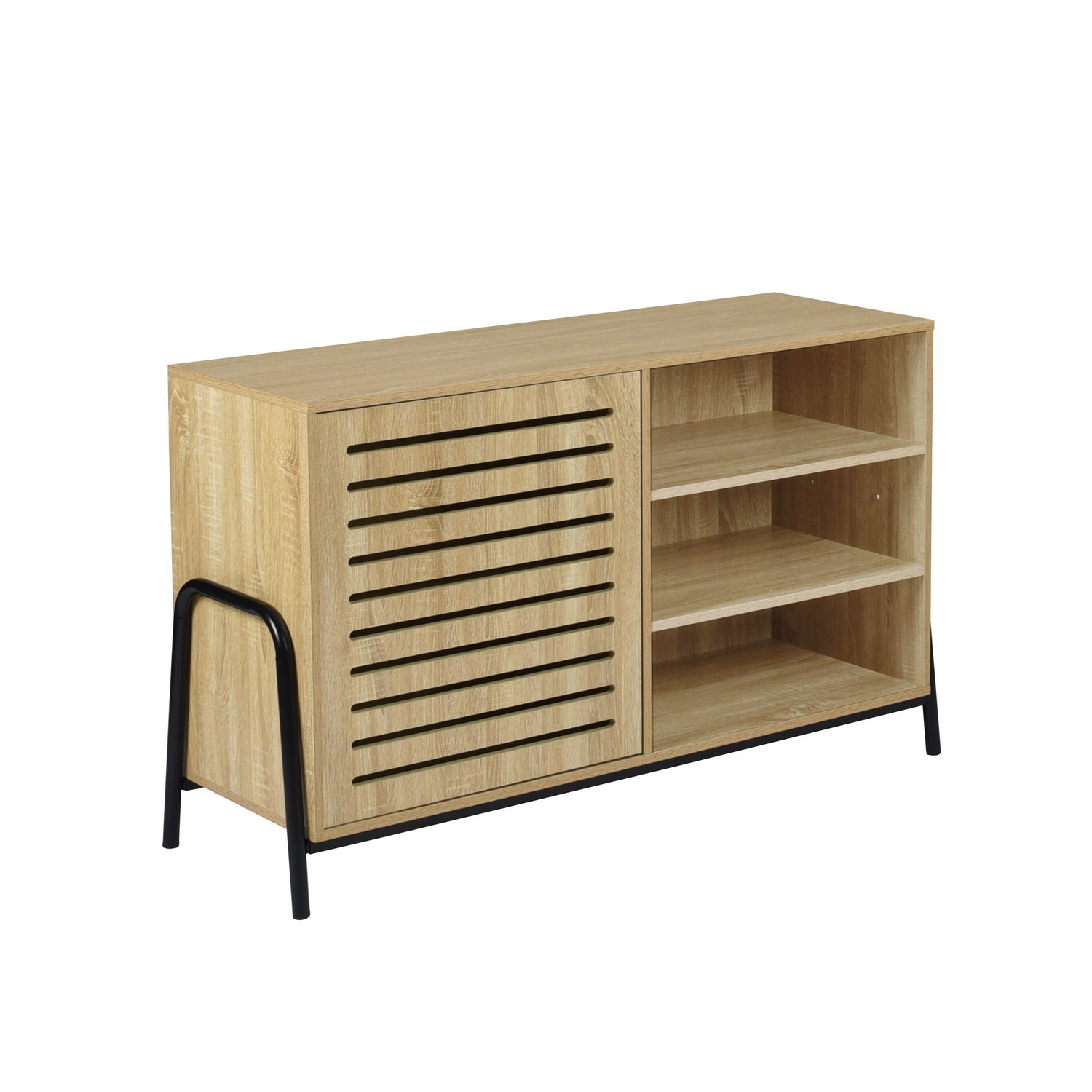 Beige Metal and Wood Sideboard with Oak Veneer - 5 Shelves Storage Cabinet for Living Room, Dining Room, or Entryway - Model Auro