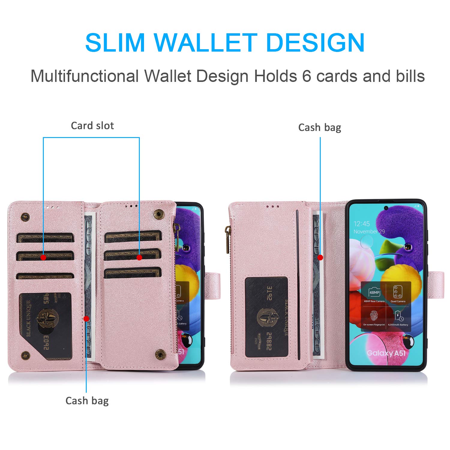 Premium Leather Wallet Case for Samsung Galaxy A41 - Card Holder, Kickstand, Wrist Strap & Magnetic Closure | Large Capacity Zipper Purse | Perfect for Work, Travel & Everyday Use (Rose Gold)