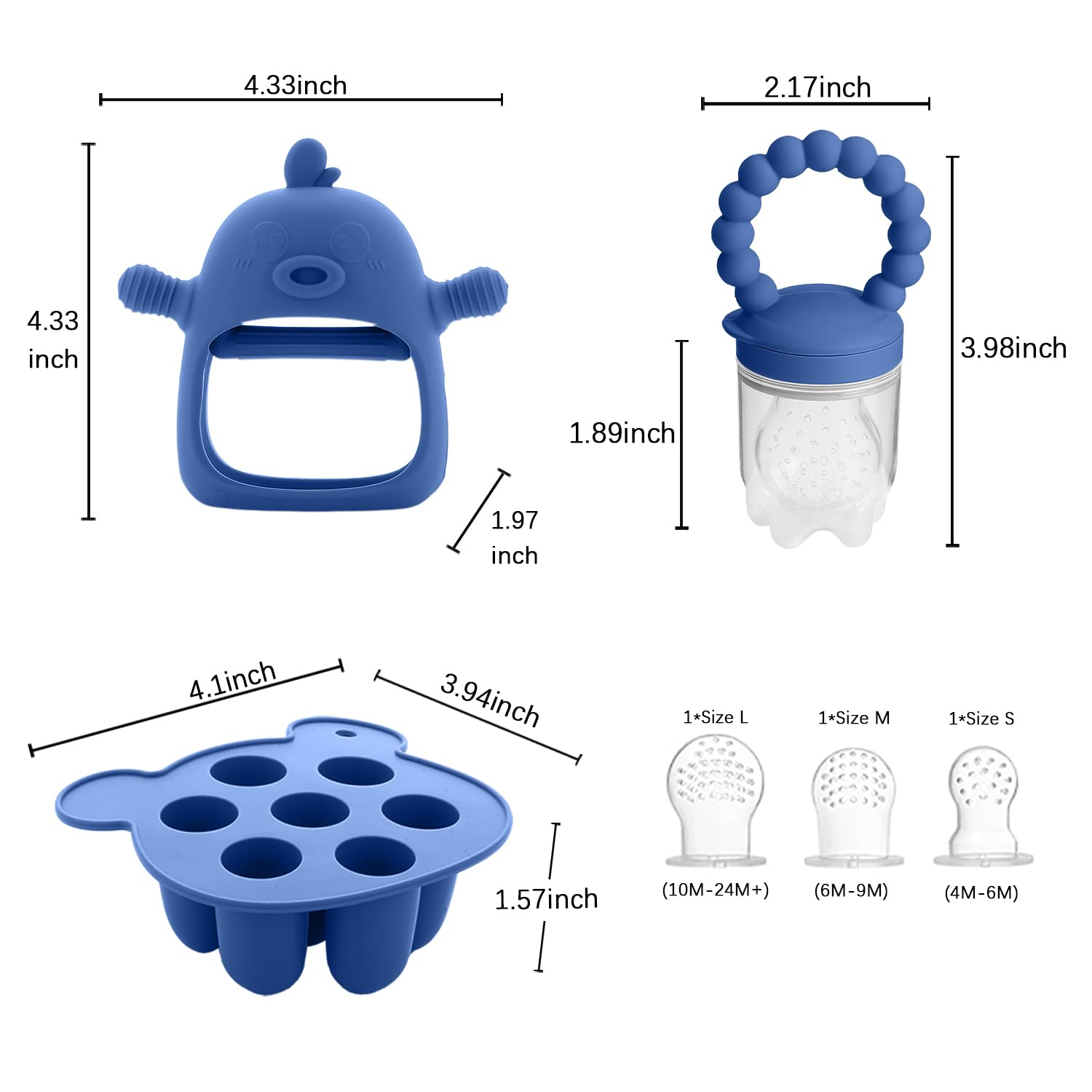 Baby Fruit Feeder Pacifier - 3 Pack Set with Mesh Feeder, Teething Toys & Popsicle Molds | Safe Silicone Teether for Breastmilk & Baby Food | BPA-Free Infant Feeding Essentials | Perfect for Soothing Sore Gums & Introducing Solids | Steel Blue