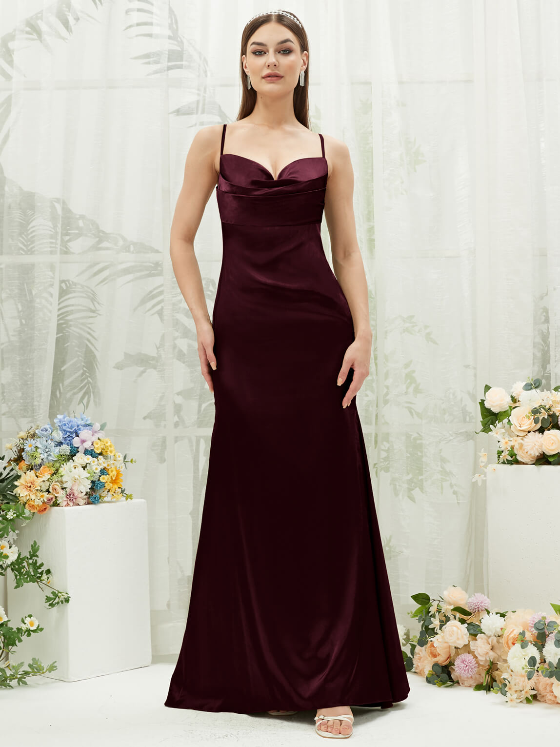Elegant Cabernet Satin Cowl Neck Backless Long Bridesmaid Dress with Adjustable Straps - Perfect for Weddings, Formal Events & Evening Parties