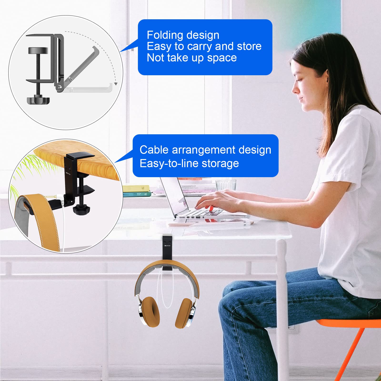 Premium Aluminum Headphone Stand with Cable Clip - Foldable Under Desk Hanger for Gaming & Workspace Organization | Space-Saving Headset Holder for Office, Home & Studio Use