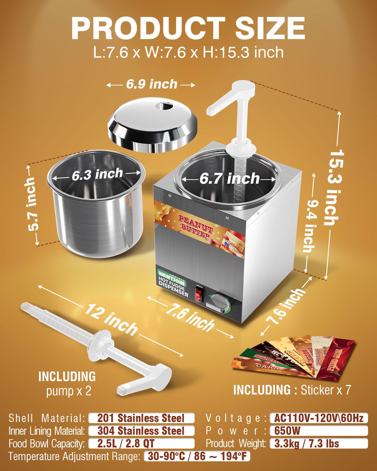 Commercial Nacho Cheese Dispenser with Pump - 2.8Qt Stainless Steel Hot Fudge Warmer with 5-Level Temperature Control - Perfect for Nachos, Hot Fudge, Caramel & Cheese Sauce in Movie Theaters, Restaurants & Concession Stands