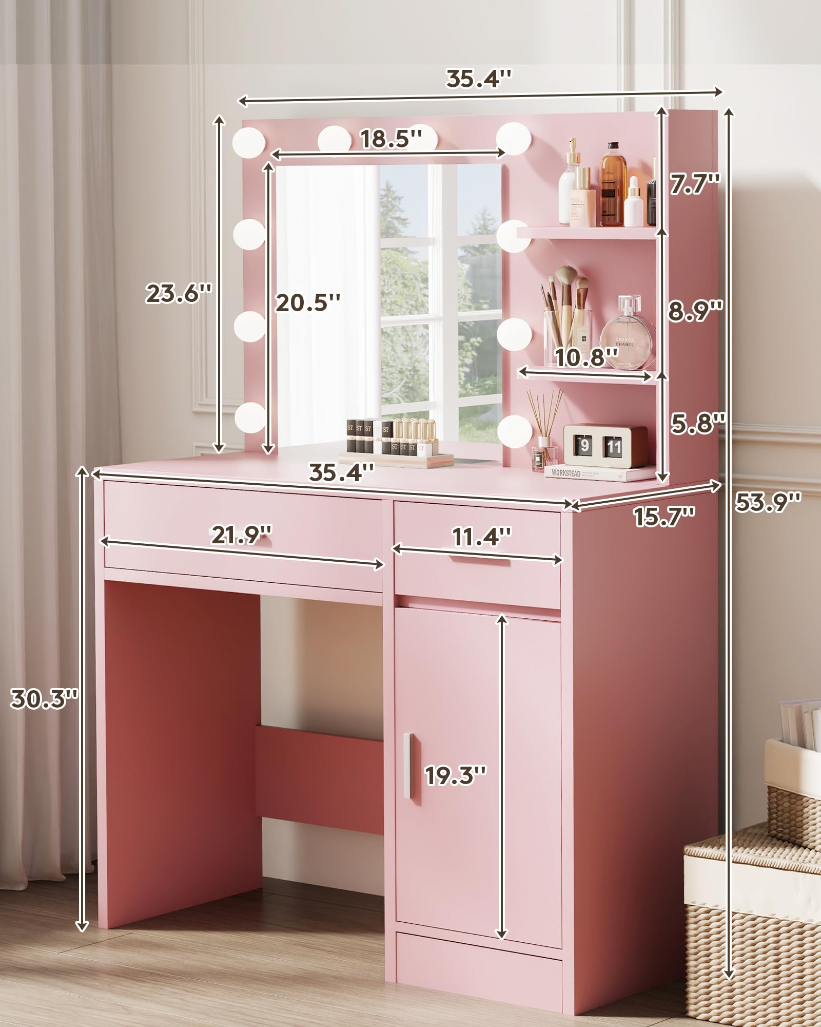 Pink Vanity Table with Lights and Mirror - 3 Adjustable Lighting Modes for Makeup & Skincare | Perfect for Bedroom, Dressing Room & Beauty Studio