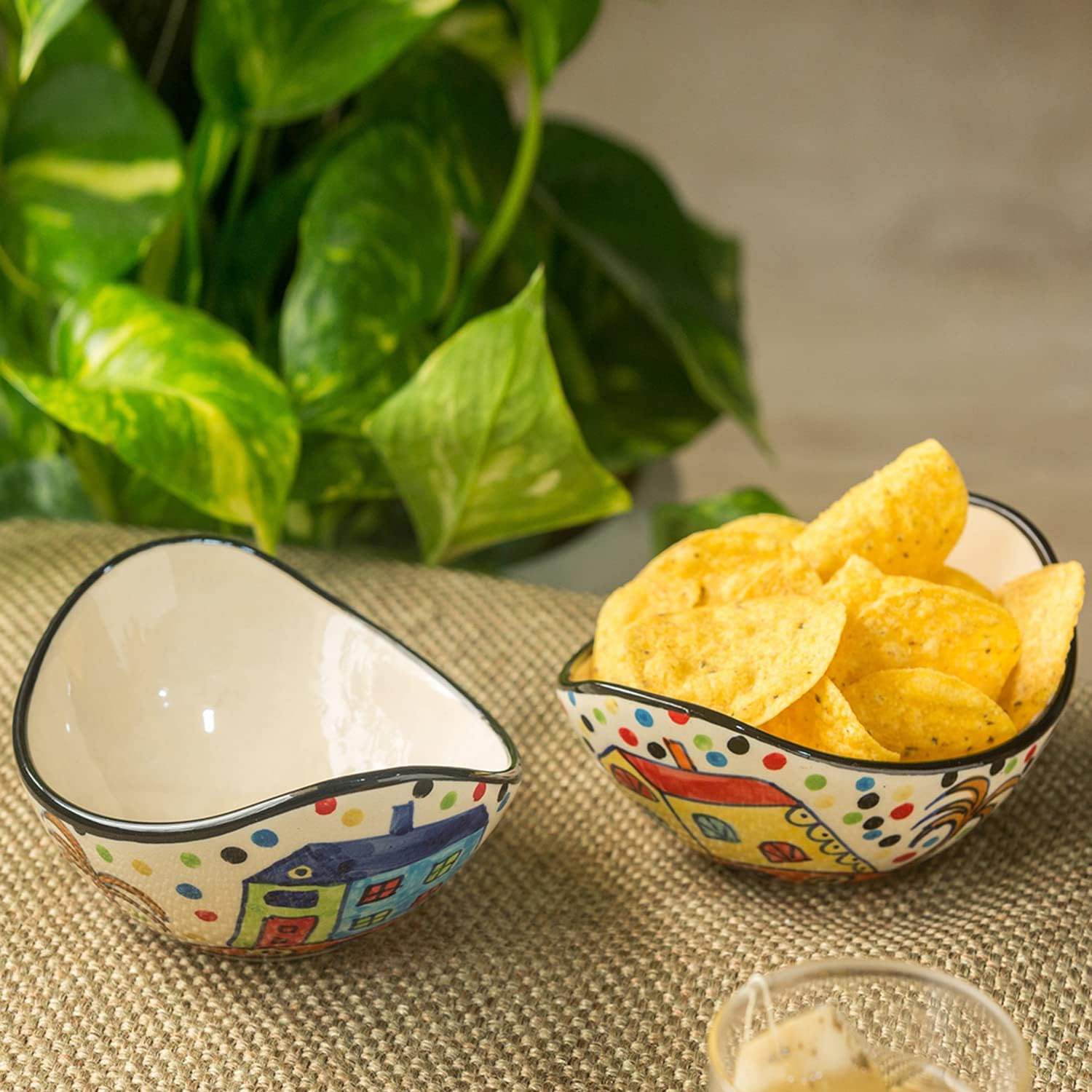 Handpainted Ceramic Serving Bowls Set (2-Piece, 190ml) - Microwave Safe, Curved Design for Snacks, Fruits & Appetizers | Perfect for Kitchen, Dining & Party Serving
