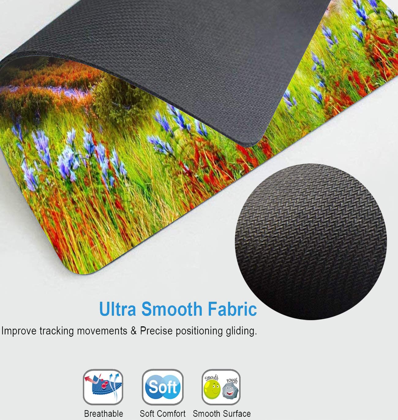Custom Gaming Mouse Pad - Large Rectangular Non-Slip Rubber Base with Nature Purple Flower Meadow Mountain Design | Perfect for PC, Laptop, Office & Gaming Setup