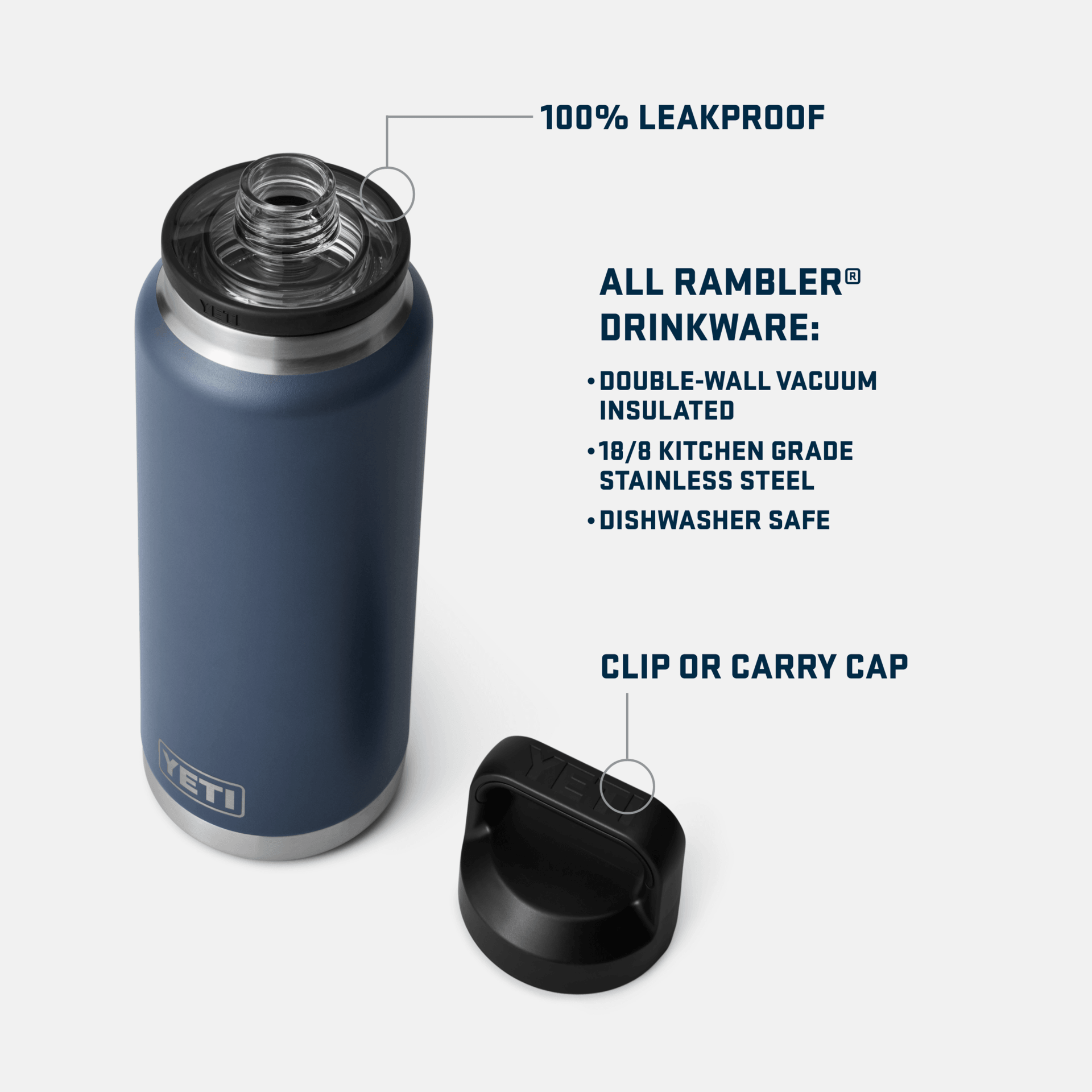 Rambler® 36 oz Insulated Water Bottle with Chug Cap - Navy Blue Stainless Steel Vacuum Flask for Hiking, Gym & Outdoor Adventures