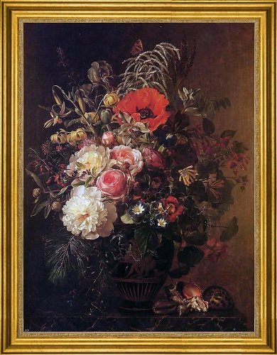 Johan Laurentz Jensen Still Life with Flowers in a Greek Vase - 18x24 Inch Premium Framed Canvas Art Print, Gold Frame Wall Decor for Living Room, Bedroom & Office