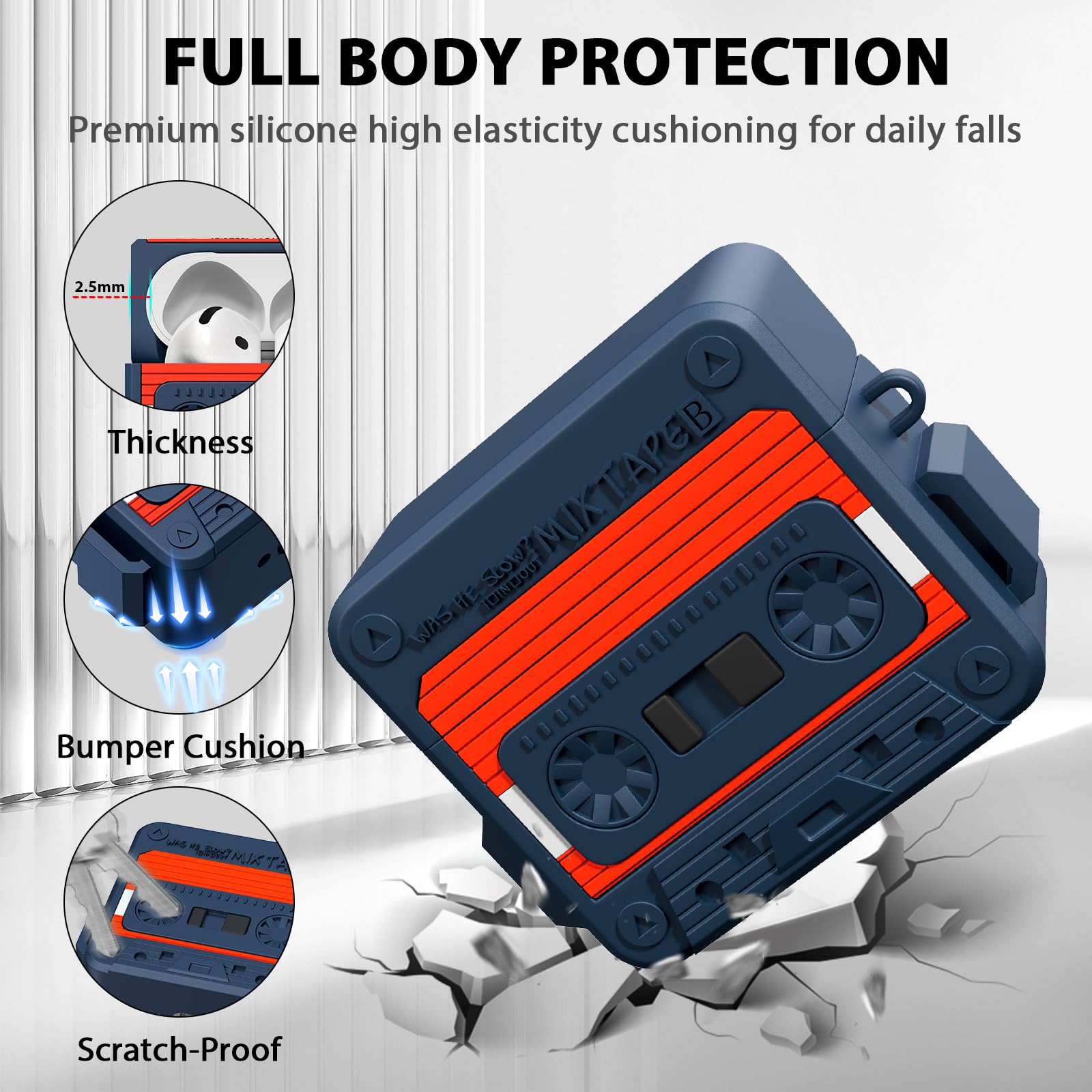 MOFREE AirPods 4 Case 2024 with Cleaning Kit & Keychain - Retro Cassette Tape Design Shockproof Silicone Protective Cover for AirPods 4th Generation (Blue/Red) - Perfect for Travel, Gym & Daily Protection