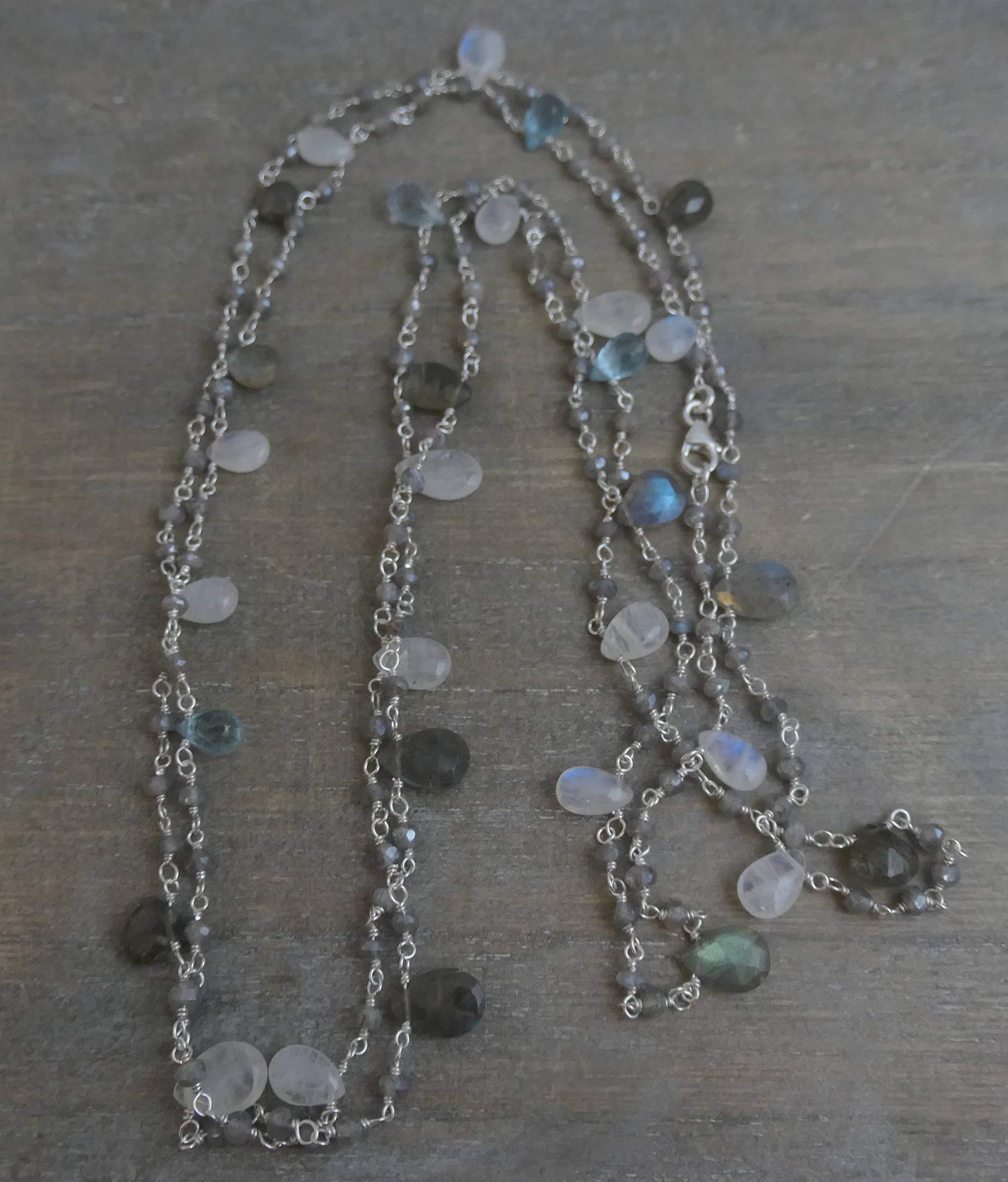 Moonstone Labradorite Blue Topaz Sterling Silver Necklace 18