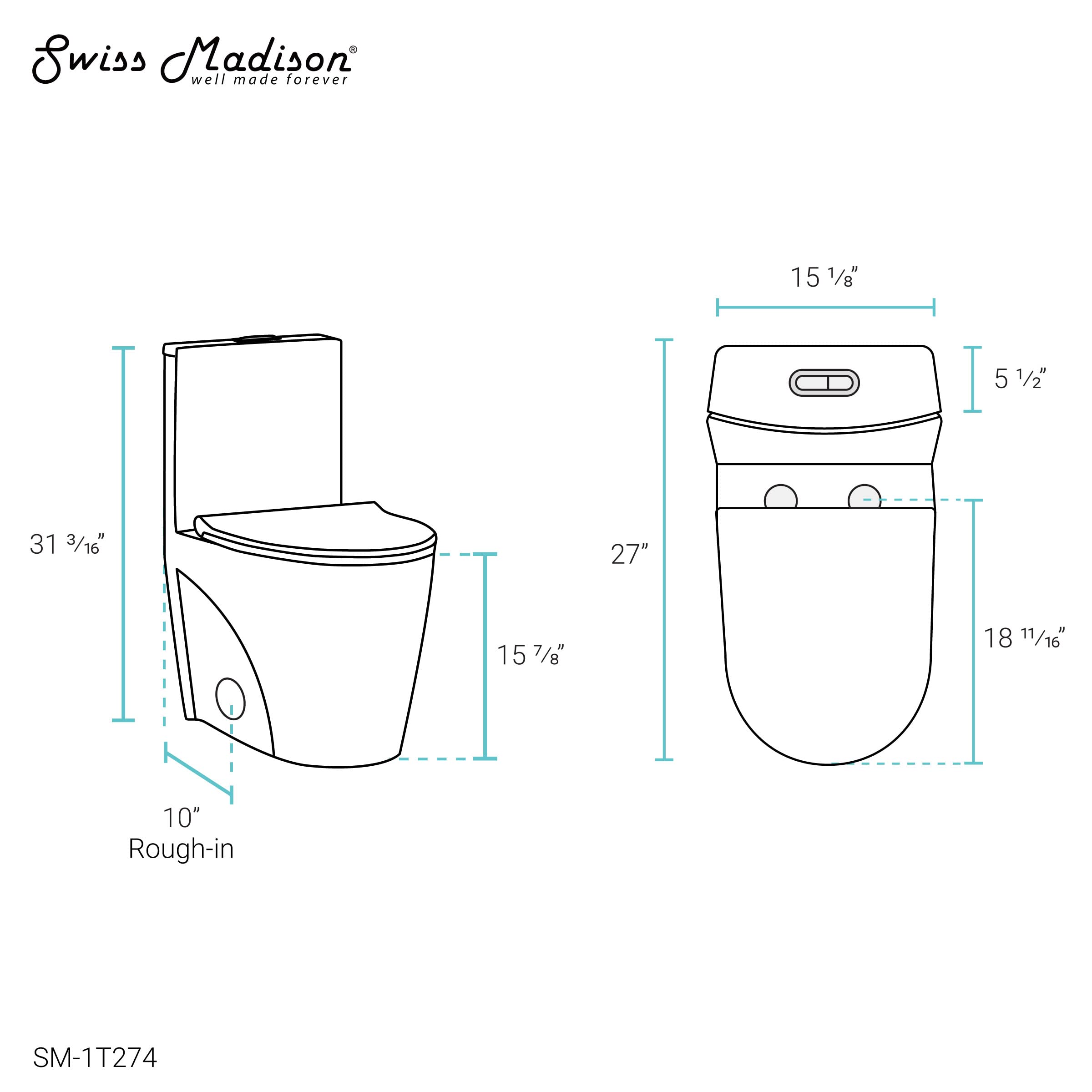 Swiss Madison St. Tropez One Piece Elongated Toilet - Dual Vortex Flush 1.1/1.6 GPF, 10