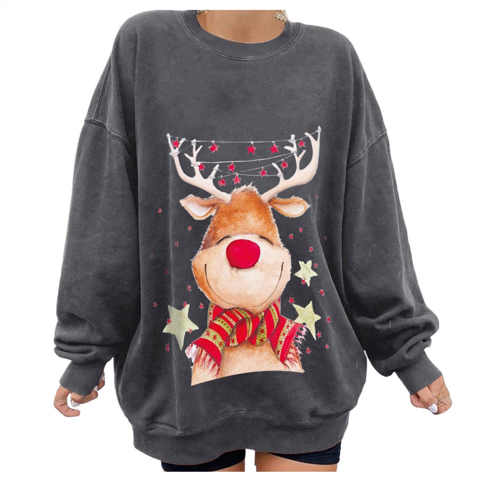 Women's Christmas Tops - Oversized Cute Elk Print Long Sleeve Shirts & Blouses | Casual Holiday Sweatshirts for Christmas Parties & Family Gatherings