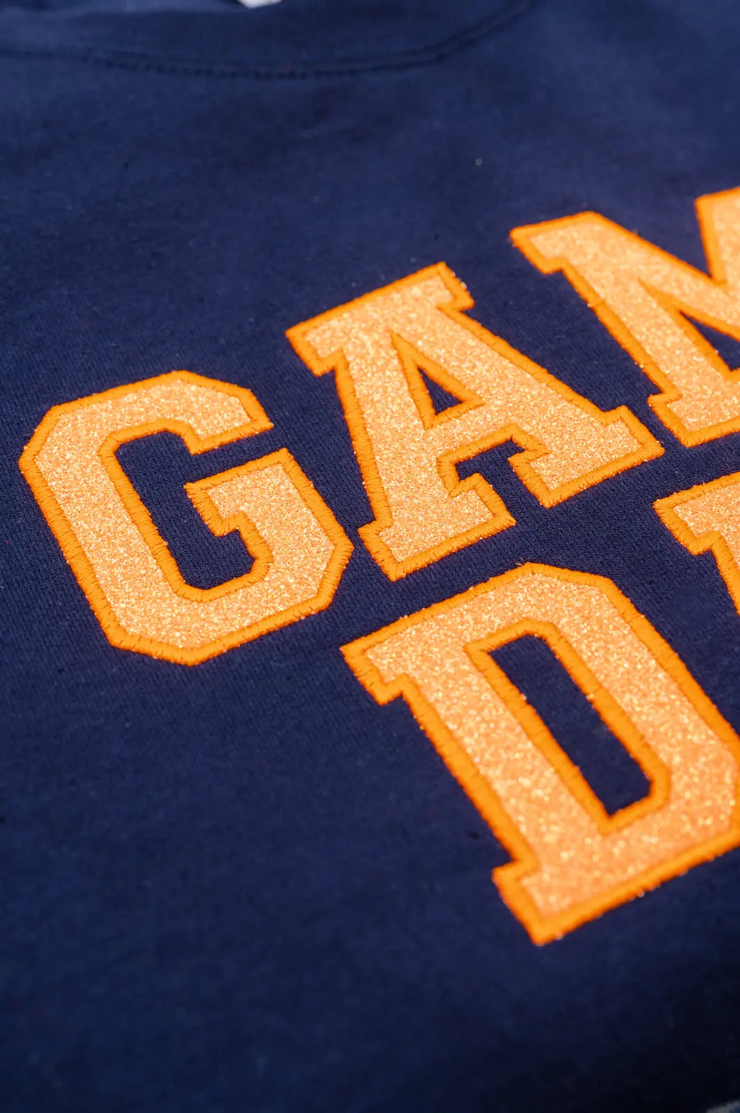 PREORDER: Embroidered Glitter Game Day Sweatshirt - Navy & Orange | College Football Fan Apparel, Tailgating Outfit, Sports Party Wear