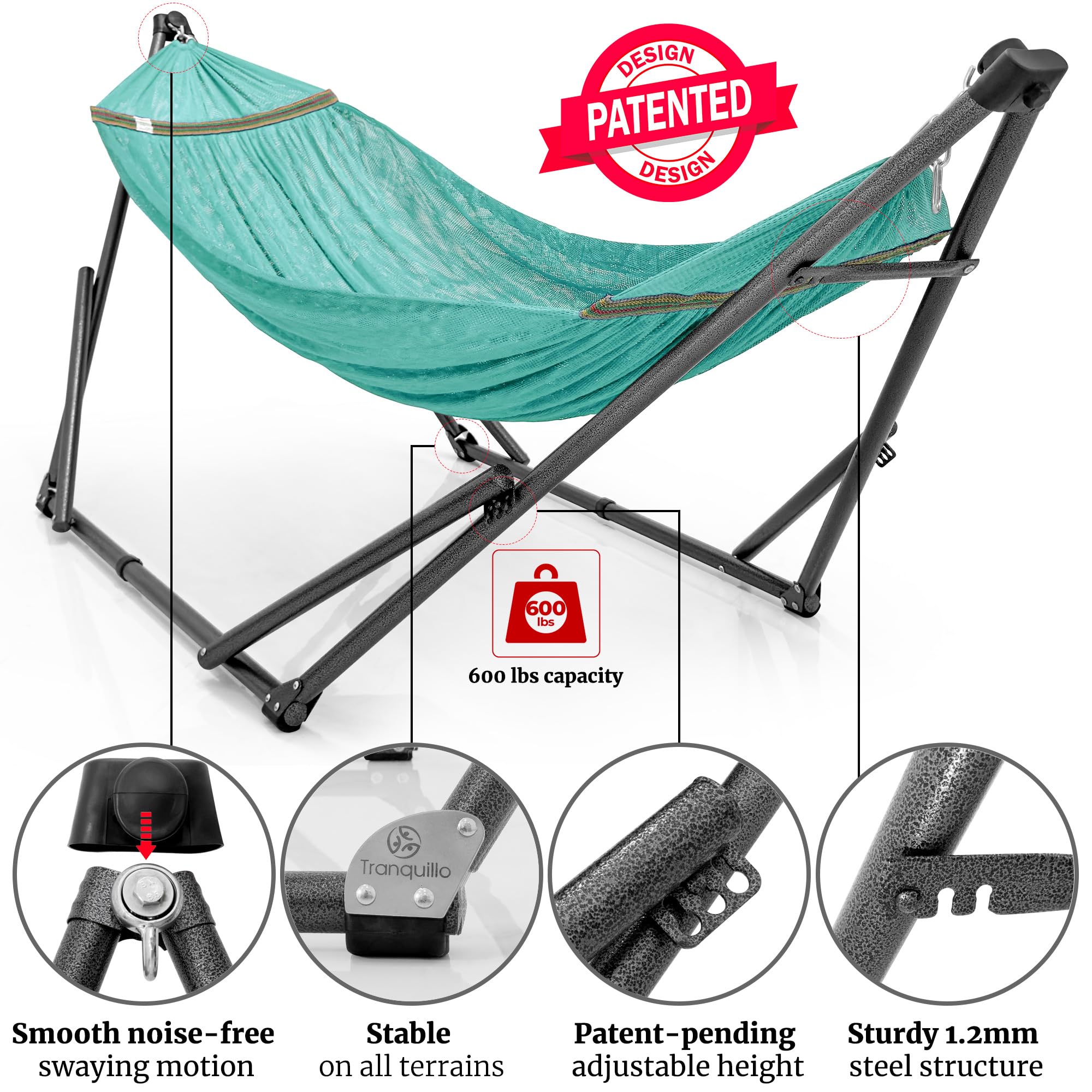 Tranquillo 2-Person Hammock Set with Stand - Heavy Duty 600lbs Capacity for Indoor & Outdoor Use - Includes 2 Hammocks, Tree Straps, and Portable Carrying Bags - Perfect for Backyard, Patio, Camping, and Beach Relaxation