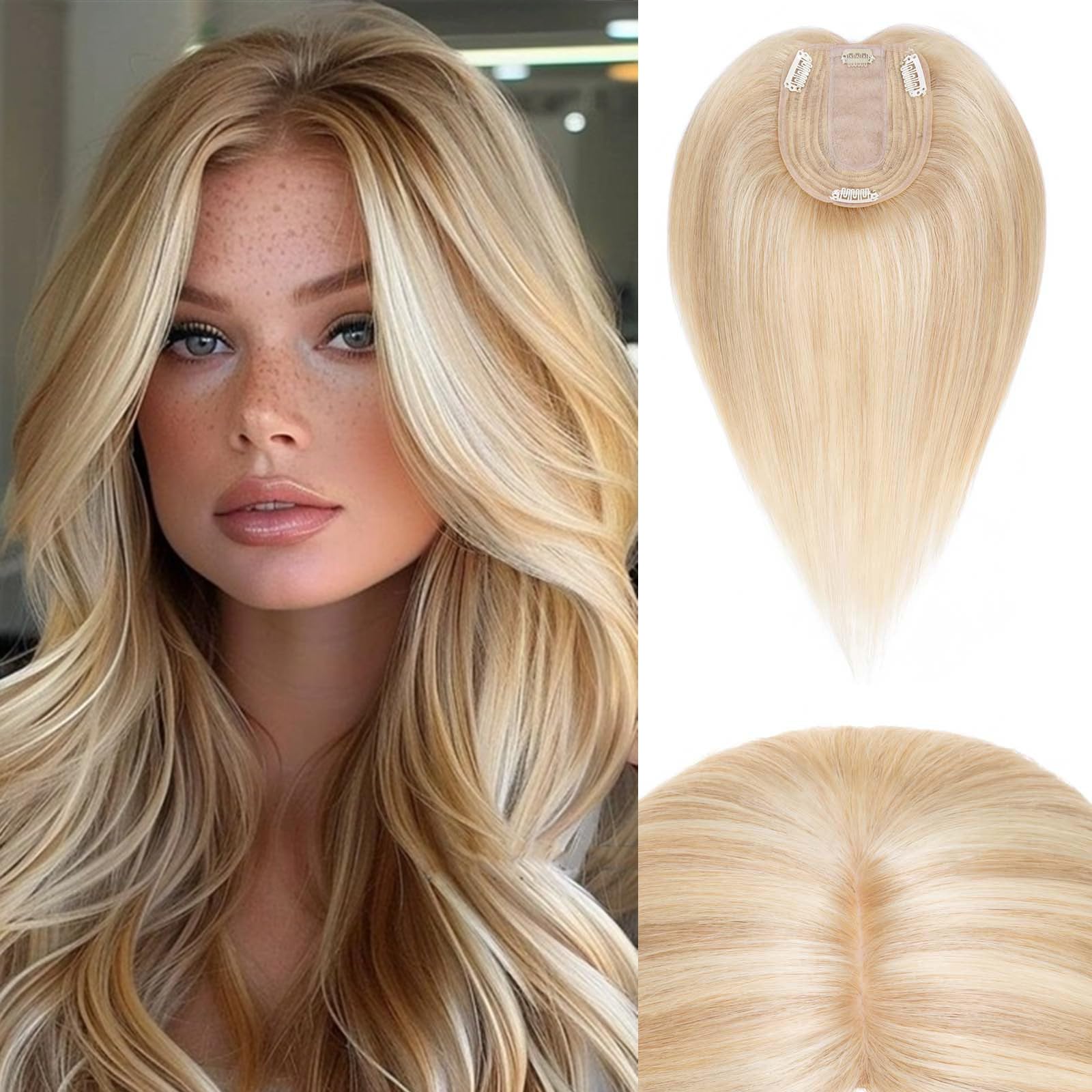 100% Human Hair Toppers for Women with Thinning Hair - 10 Inch Remy Clip-In Topper with Silk Base in Ash Blonde Highlights (#18P613) | Perfect for Daily Wear, Special Occasions & Hair Volume Enhancement