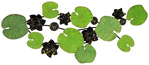 PIAOLIGN Metal Wall Art Sculpture - Green Lotus Leaf & Black Gold Lotus Wrought Iron Zen Wall Hanging Decor, 46x20 Inch, Modern Living Room & Bedroom Wall Decoration for Home & Office