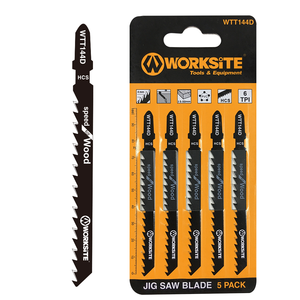 WorkSite 5-Piece Jig Saw Blades for Wood Cutting [WTT144D] - Perfect for DIY Projects, Carpentry, and Home Renovations