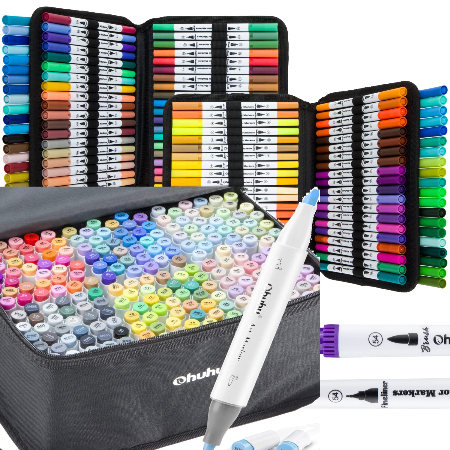 Ohuhu 160-Color Dual Tip Alcohol Markers Set - Brush & Fine Tip for Artists, Students & Professionals | 216 Unique Colors with Chisel & Brush Tips | Perfect for Adult Coloring Books, Sketching, Bullet Journaling & Illustration