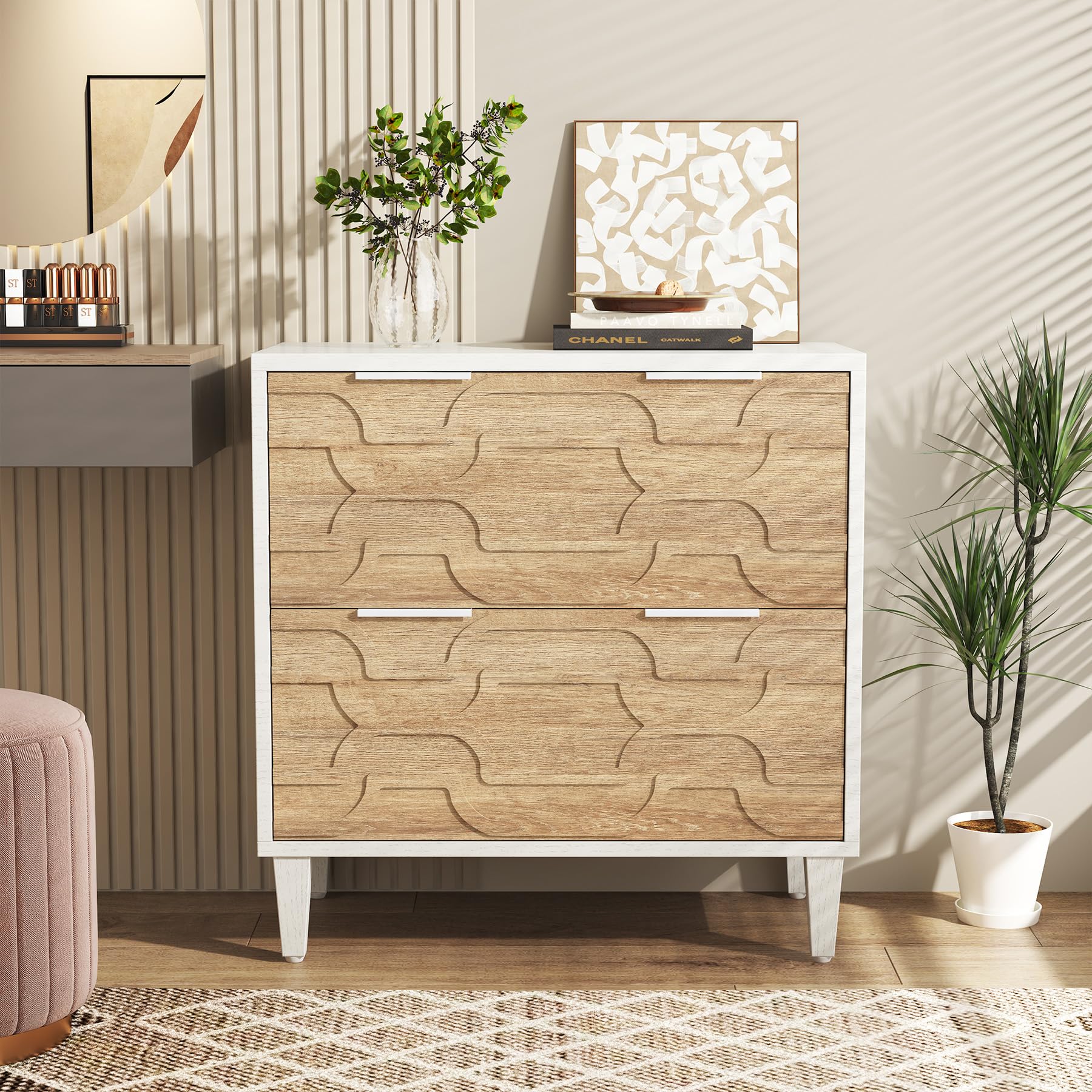 Tribesigns 2-Drawer Lateral File Cabinet for A4/Letter/Legal Size Documents - Office Storage Cabinet & Printer Stand with Storage Drawer - White & Walnut Finish for Home Office Organization