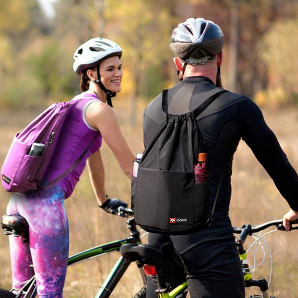 ZOORON Waterproof Gym Backpack for Men & Women - Lightweight Sports Drawstring Bag with Adjustable Straps, Perfect for Workout, Travel, Hiking & School (Black) - Compact Daypack for Fitness Enthusiasts & Outdoor Adventures
