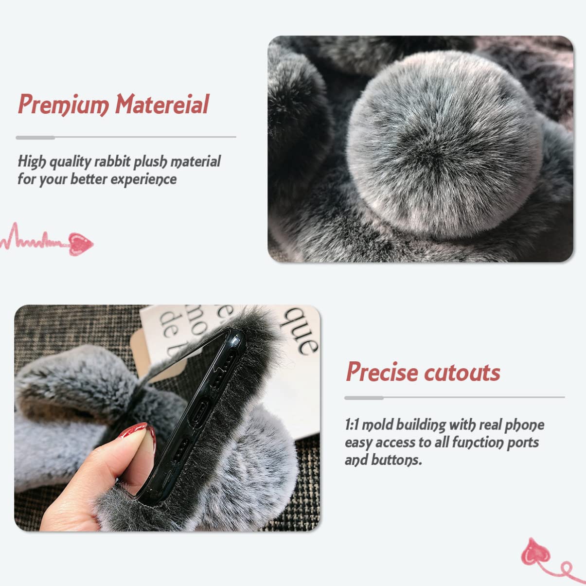 Fluffy Rabbit Plush Phone Case for Samsung Galaxy A03s - Cute Cartoon Soft Protective Cover with Anti-Slip Grip (Dark Grey) | Perfect Gift for Girls, Teens & Kawaii Lovers | School, Work, Travel & Daily Use
