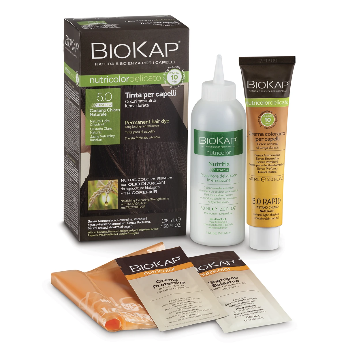 Biokap Nutricolor Delicato Rapid 5.15 Ash Chestnut Hair Dye - Ammonia Free Permanent Hair Color for Women & Men - Perfect for Home Use & Salon Styling