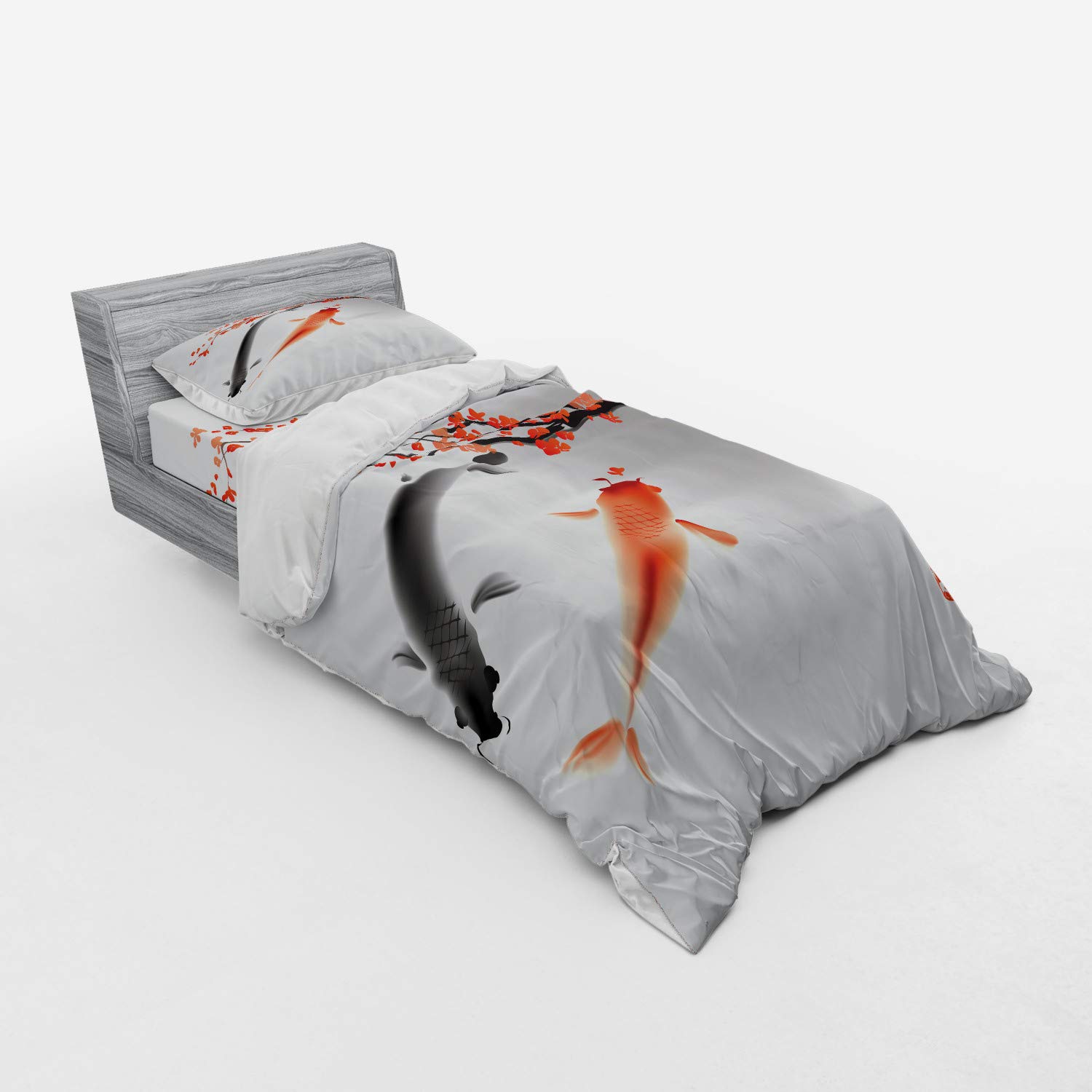 Ambesonne Japanese Koi Carp Fish & Cherry Blossom Duvet Cover Set - 3 Piece Twin Size Bedding with Sham & Fitted Sheet in Orange Grey - Perfect for Asian-Themed Bedrooms, Zen Decor & Cultural Home Styling