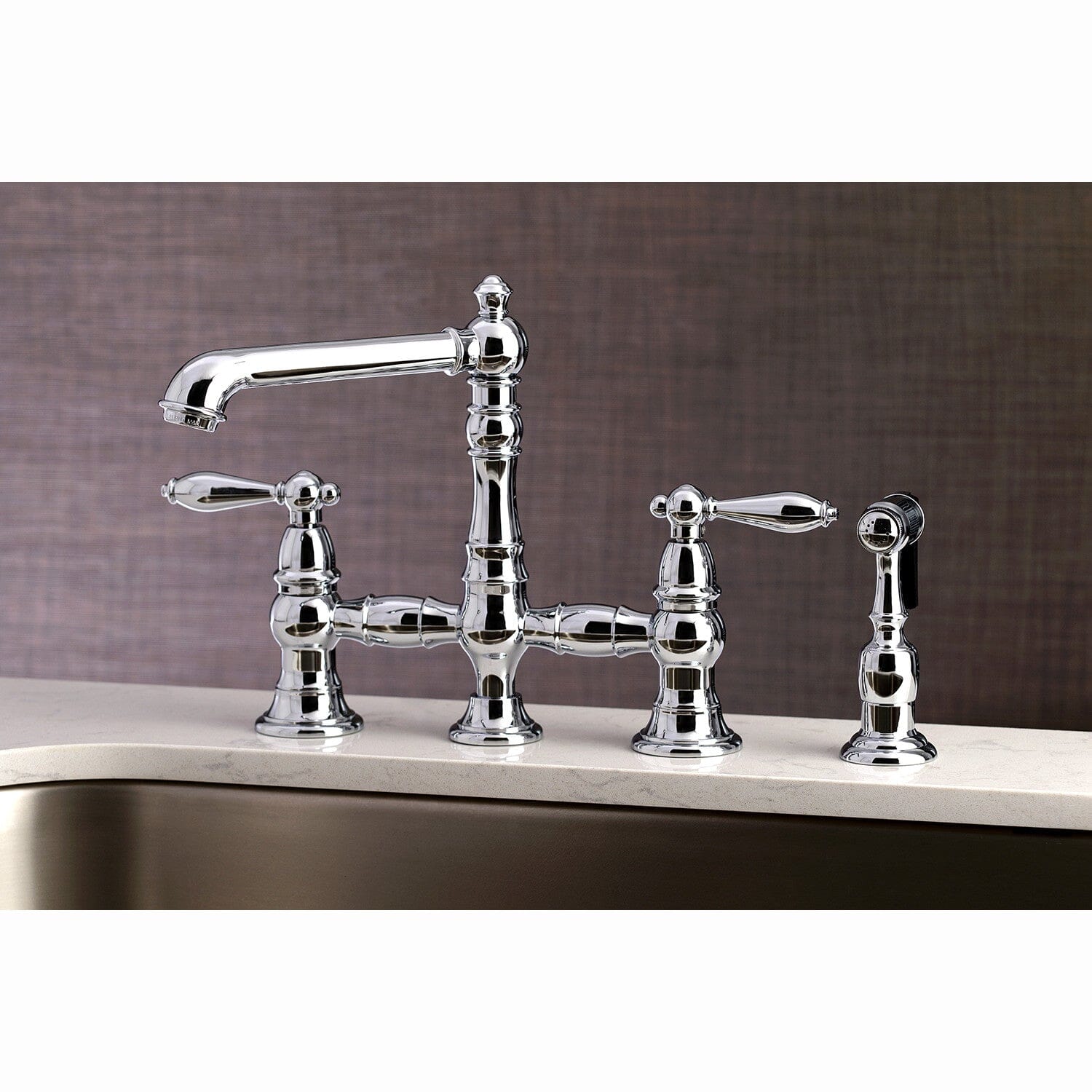 English Country Style Two-Handle 4-Hole Deck Mount Bridge Kitchen Faucet with Brass Side Sprayer - Perfect for Farmhouse, Vintage, and Traditional Kitchen Designs