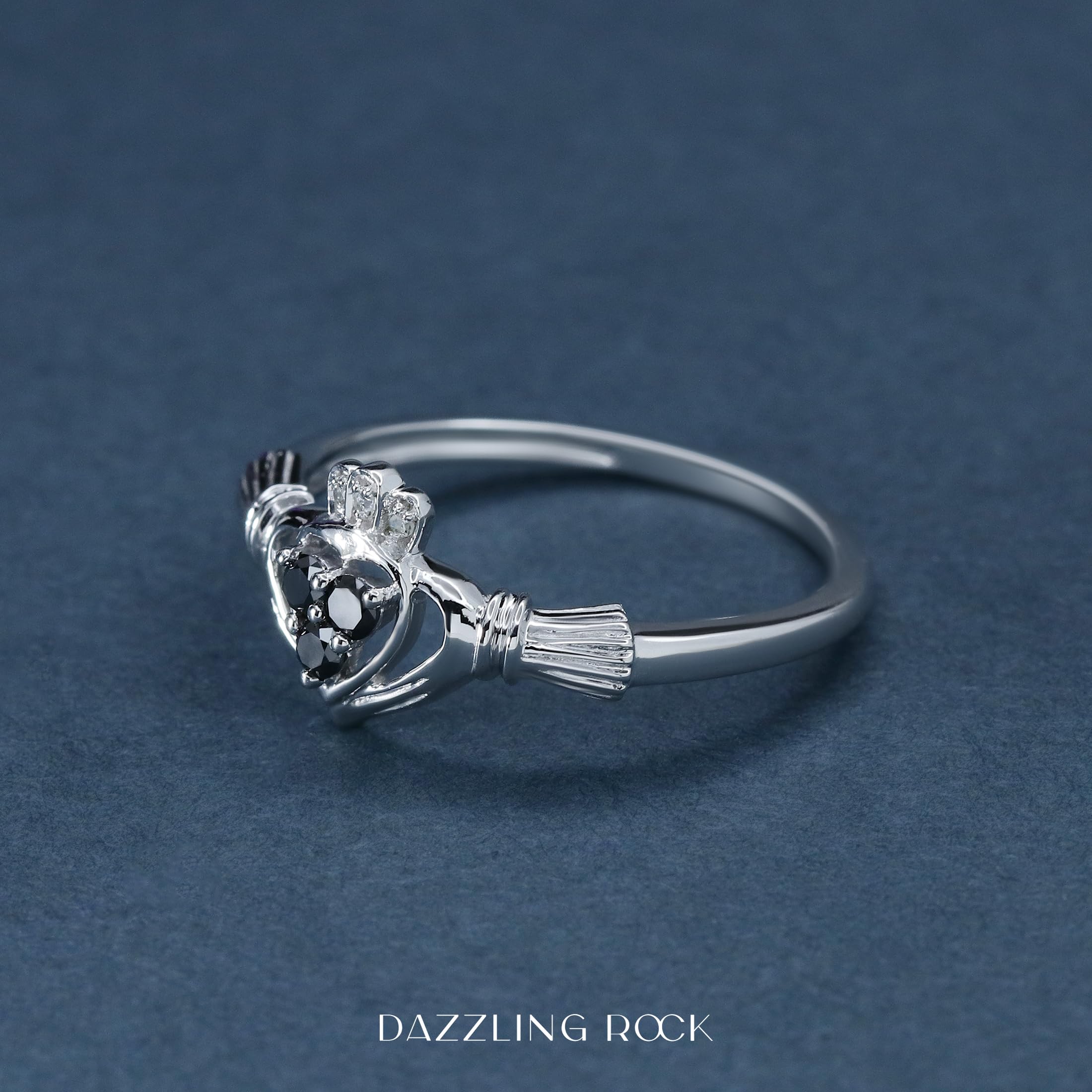 10K Solid Gold Claddagh Heart Ring for Women - Black & White Diamond Irish Love & Friendship Promise Ring | Elegant Jewelry Gift for Anniversary, Valentine's Day & Special Occasions