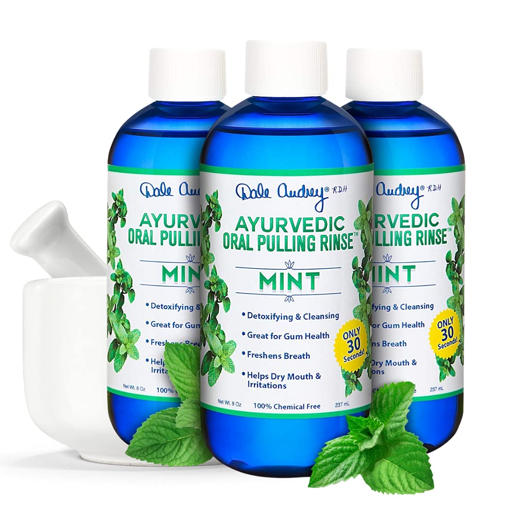 Organic Oil Pulling for Teeth Whitening & Gum Care - Ayurvedic Mouthwash with Refreshing Mint Flavor - Pack of 3 (8 FL Oz Each) - Natural Bad Breath Solution & Oral Rinse - Perfect for Morning Routine & Dental Hygiene