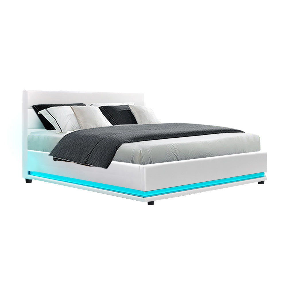 Henley Double Gas Lift Storage Bed Frame with LED Lights - White | Modern Platform Bed with Hidden Storage & Adjustable Lighting for Bedroom