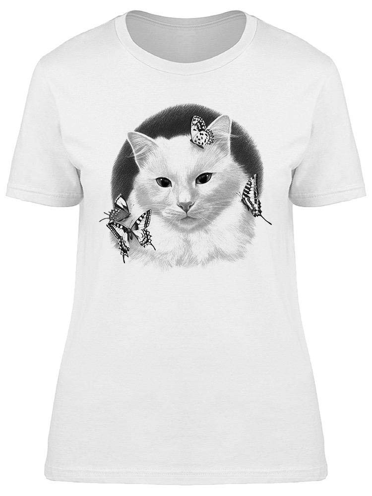 Women's Cute Cat & Butterflies Graphic T-Shirt - Soft Cotton Casual Tee for Everyday Wear, Outings & Gifts