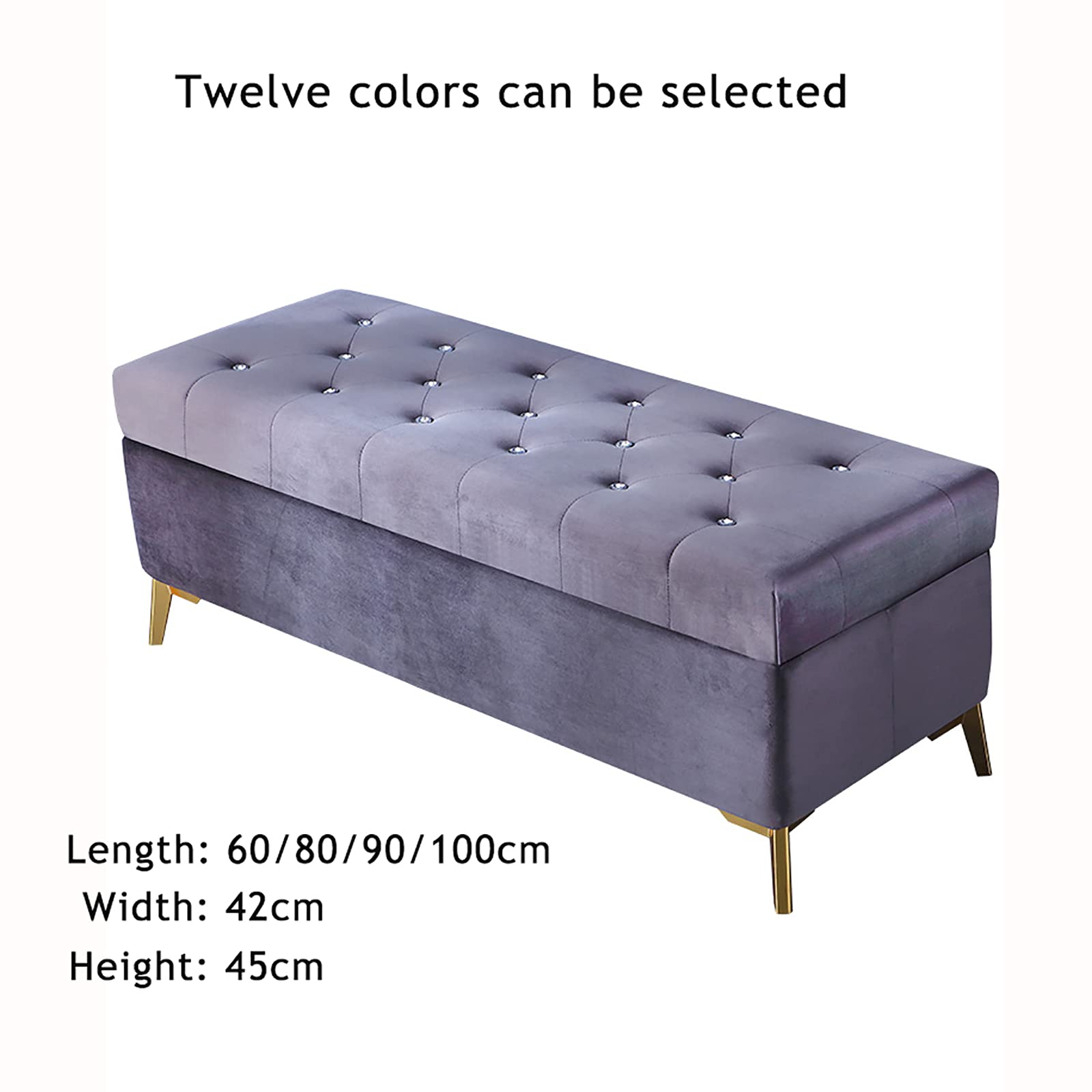Luxury Velvet Upholstered Storage Ottoman Bench with Crystal Buttons - Navy Blue 60x42x45cm (24x17x18in) - Multi-Functional Footrest, Bedroom Bench, Entryway Shoe Storage & Living Room Decor