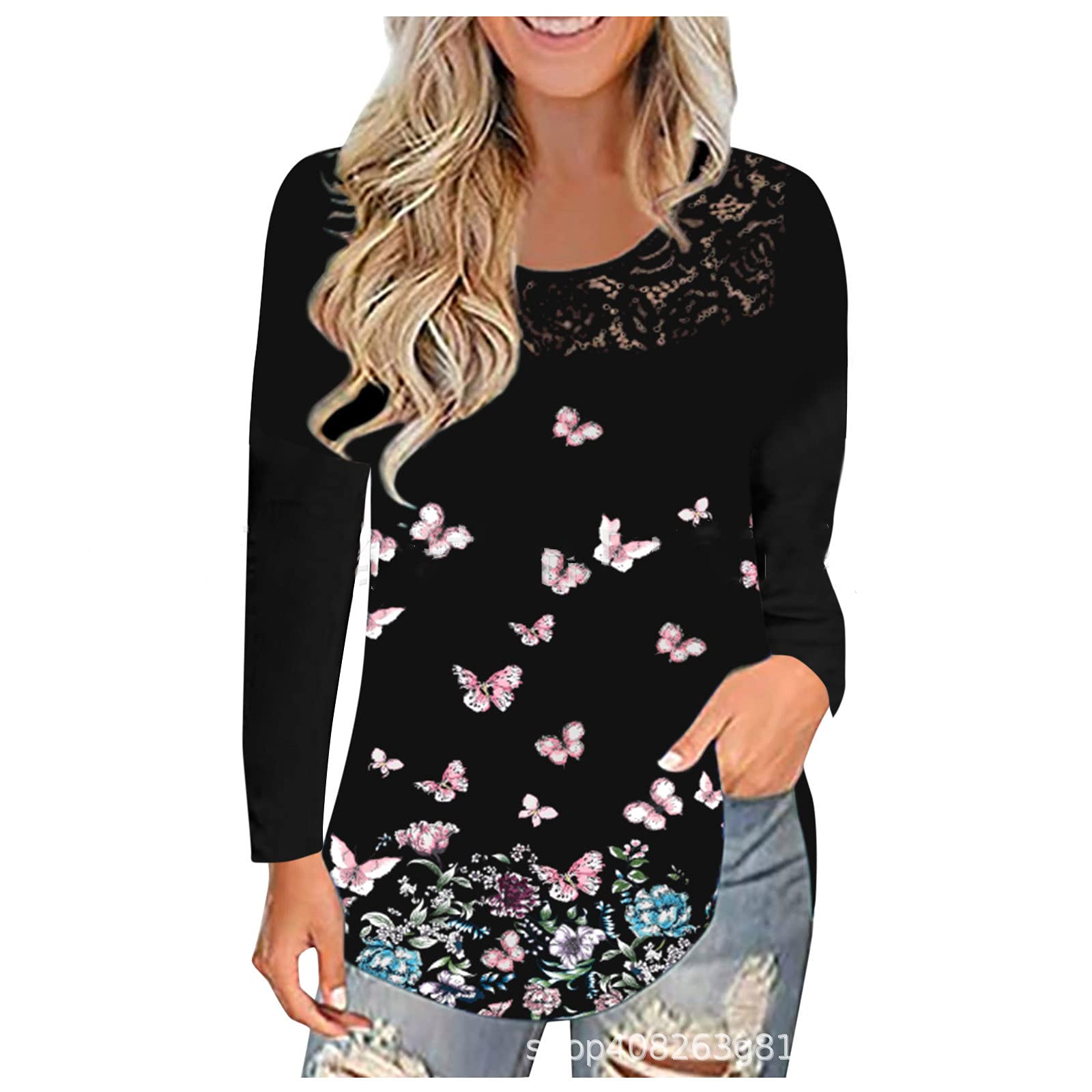 Elegant Women's Long Sleeve Lace Pleated Tunic Top - Floral Printed Loose Blouse for Casual & Dressy Wear | Perfect for Office, Date Night & Spring Outfits