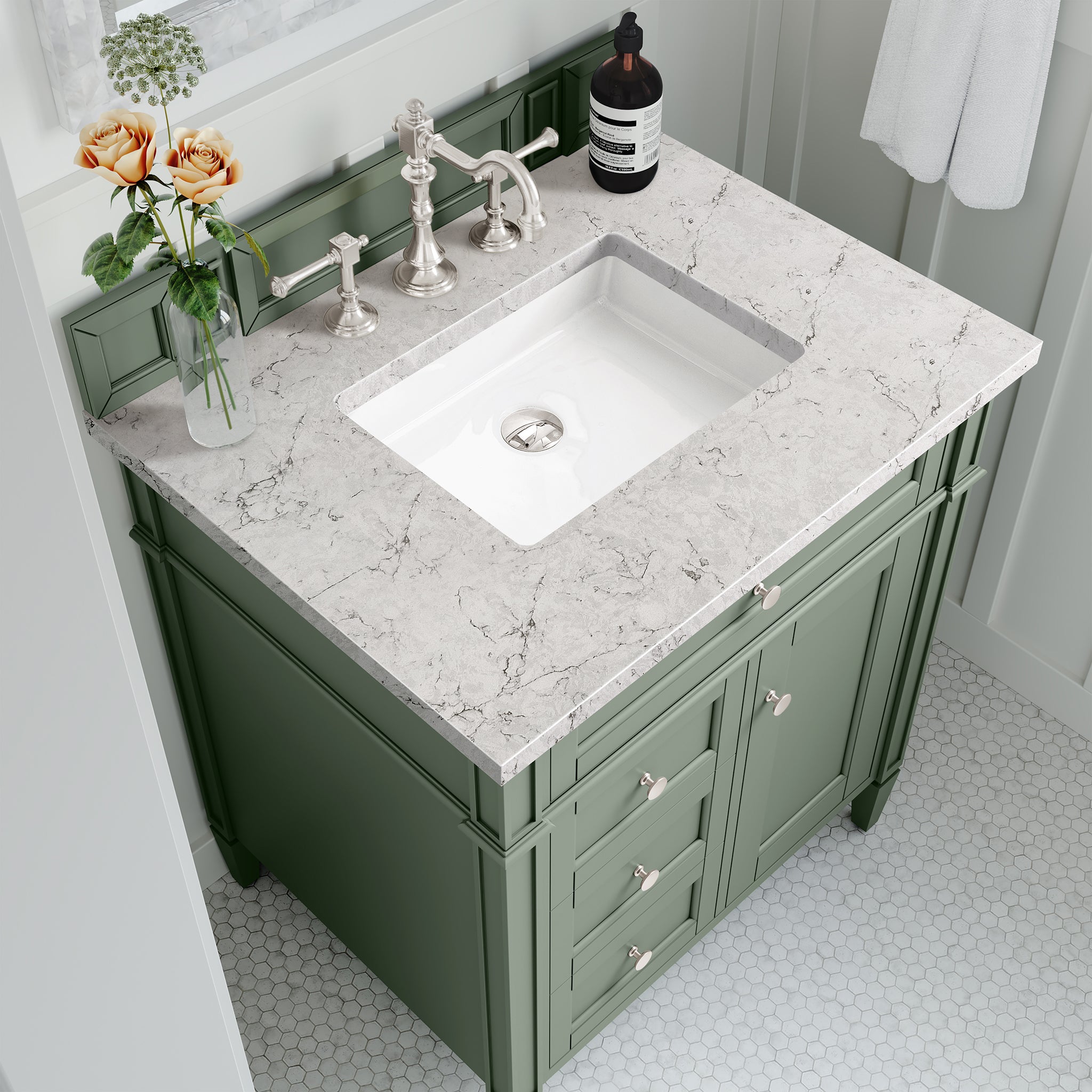 Brittany 30-Inch Single Bathroom Vanity in Smokey Celadon with 3CM Eternal Jasmine Pearl Countertop – Perfect for Modern Master Bathrooms & Powder Rooms