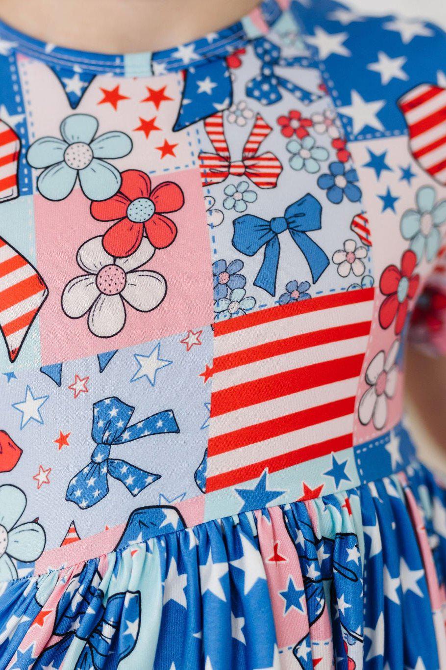 Patriotic Patchwork Short Sleeve Pocket Twirl Dress - Perfect for 4th of July, Summer Parties & Casual Outings