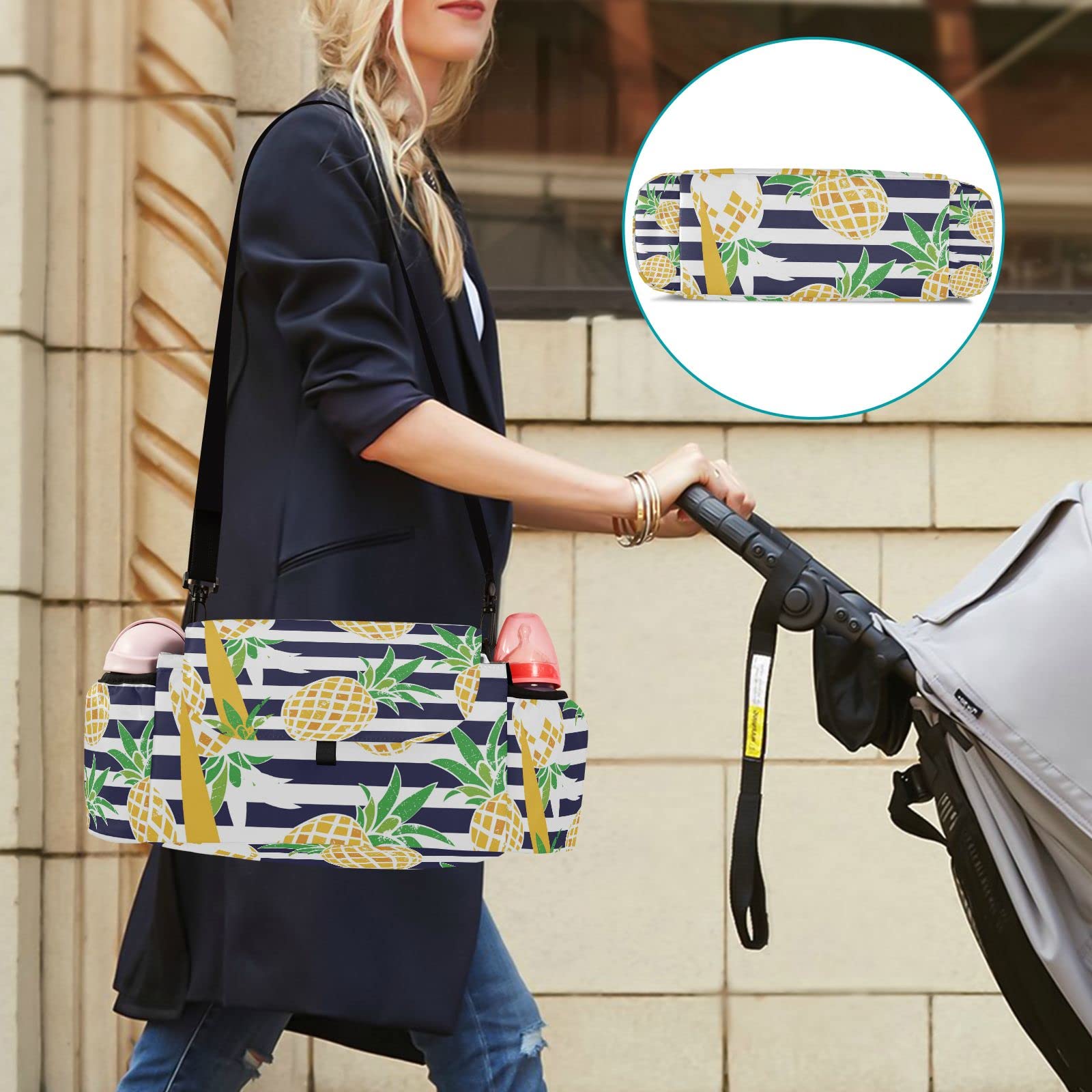 Emelivor Cartoon Pineapple Baby Stroller Organizer - Large Capacity Stroller Accessories with Adjustable Shoulder Strap & Cup Holders - Perfect for Diapers, Phone, Keys, Toys - Ideal for Park Outings, Shopping Trips & Family Walks