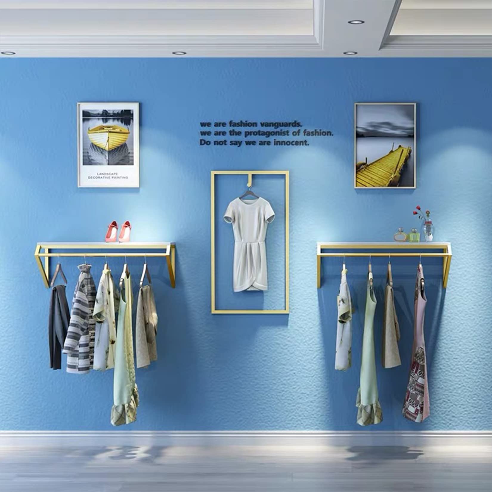 Modern Heavy Duty Metal Wall-Mounted Garment Rack with Wood - Gold Square Tube Clothes Rail for Men's & Women's Clothing Store Display or Bathroom Hanging Towel Organizer (Model B-39 L)