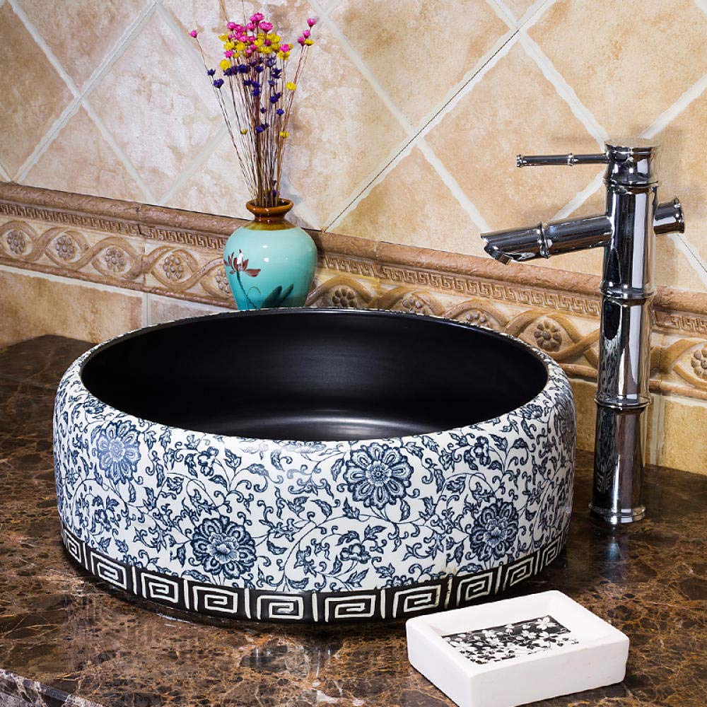 Blue & White Ceramic Countertop Basin - Bathroom Sink for Modern Homes