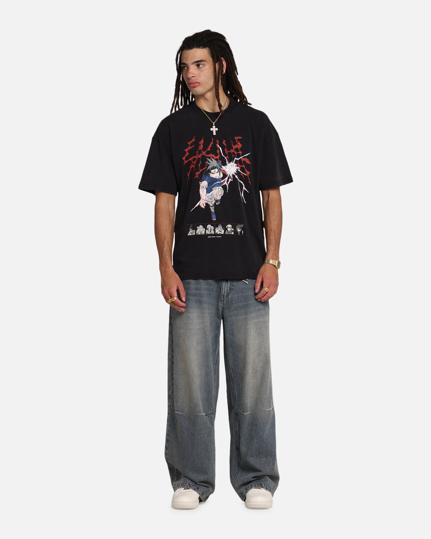 Naruto Sasuke Vintage Graphic T-Shirt - Black Acid Wash Style - Perfect for Anime Fans & Casual Wear
