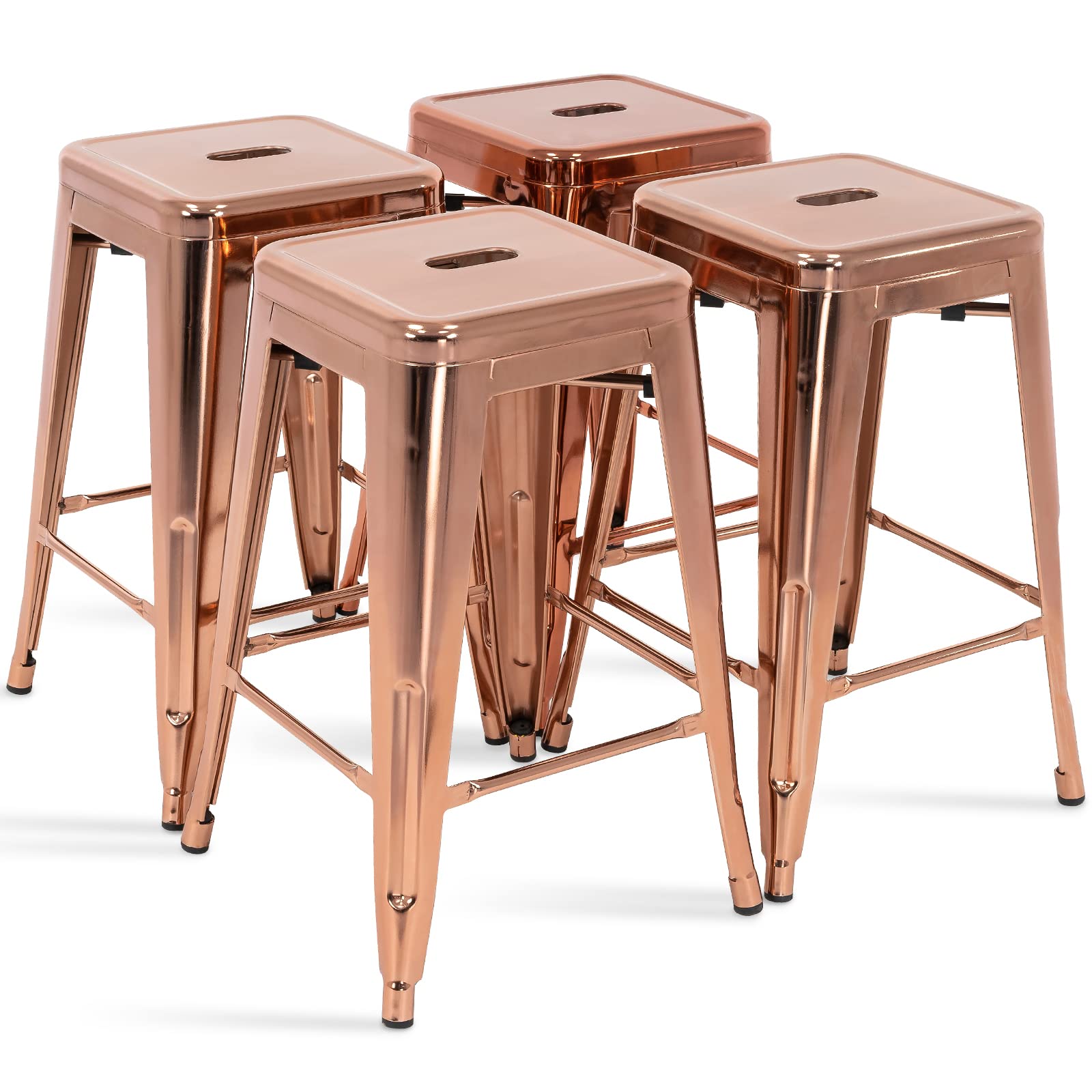 24 Inch Metal Bar Stools Set of 4 - Counter Height Backless Bar Chairs for Kitchen, Dining & Patio - Indoor/Outdoor Use - Modern Rose Gold Stools for Home & Commercial Spaces