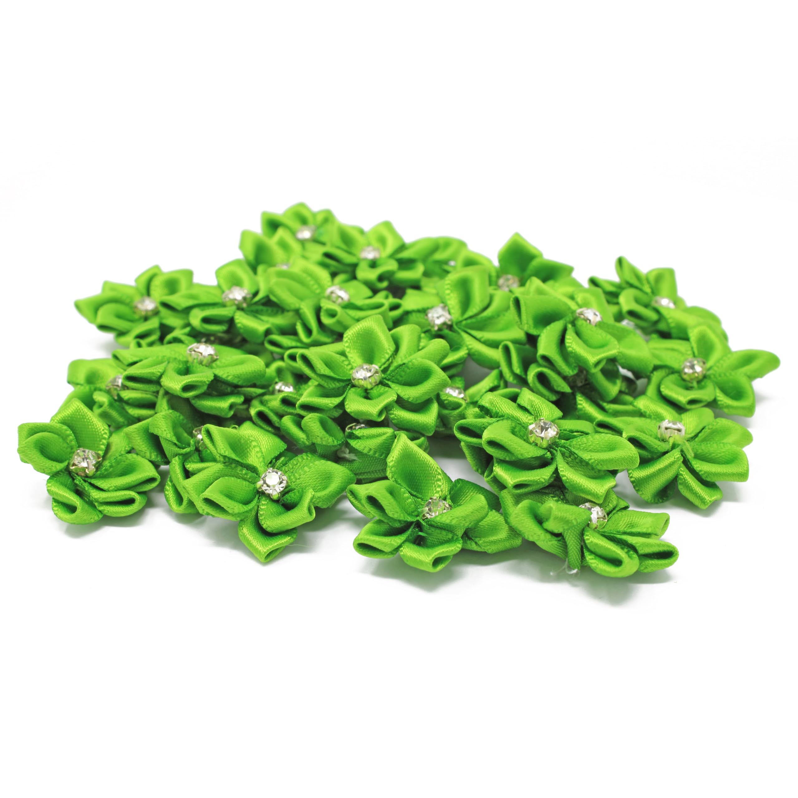 25mm Green Satin Ribbon Flowers with Rhinestone Center - Pack of 25 DIY Craft Flowers for Wedding Decorations, Gift Wrapping, Hair Accessories & Scrapbooking