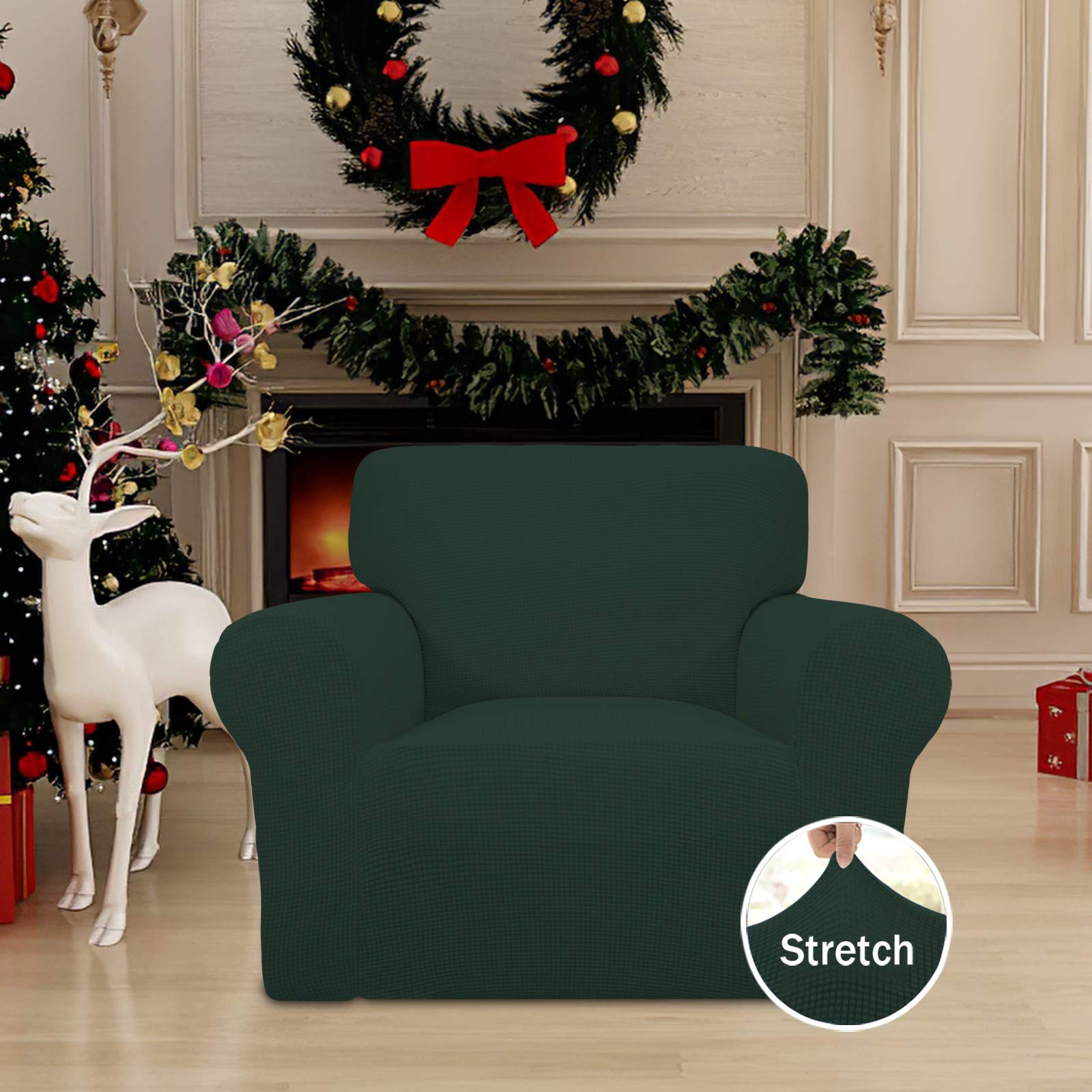Stretch Sofa Slipcover - 1-Piece Elastic Furniture Protector for Couches & Chairs - Soft Spandex Jacquard Fabric with Small Checks - Dark Green - Perfect for Kids & Pets - Ideal for Living Room, Bedroom, and Home Decor Protection