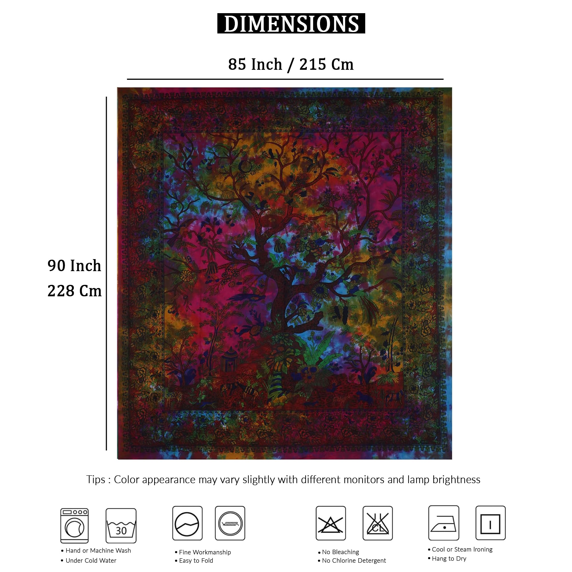 Rainbow Tree of Life Tapestry - Psychedelic Wall Hanging for Bedroom Decor & Picnic Blanket (85x90