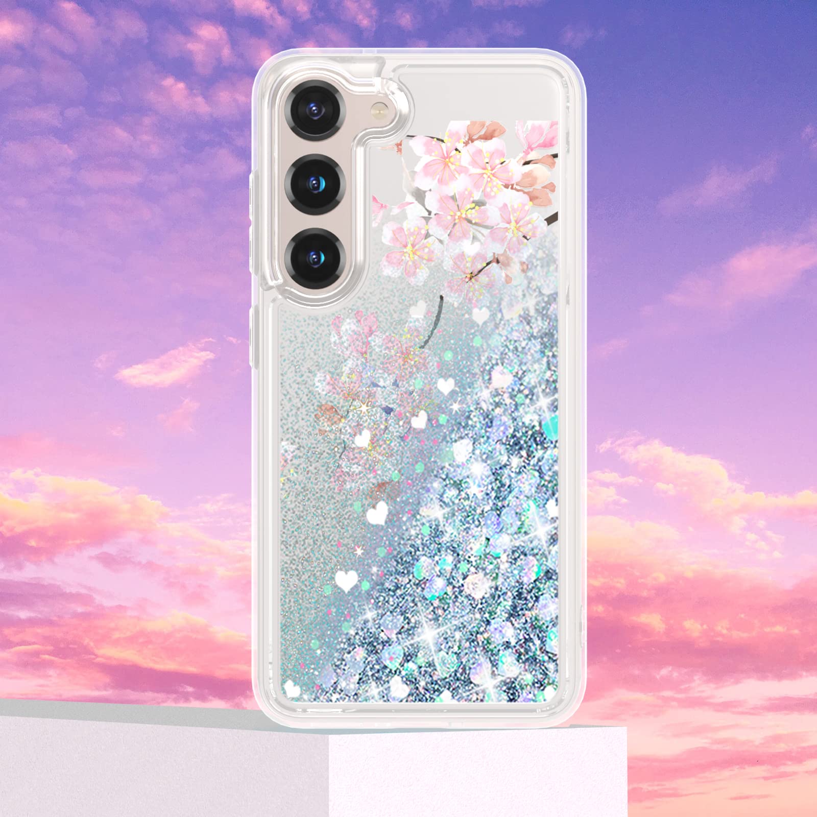 Samsung Galaxy S23 Case - Sparkle Glitter Shockproof Clear Cover with Floating Sakura Quicksand Design | Cute Bling Phone Case for Women & Girls | Perfect for Everyday Use, Parties & Gift Giving (Silver)