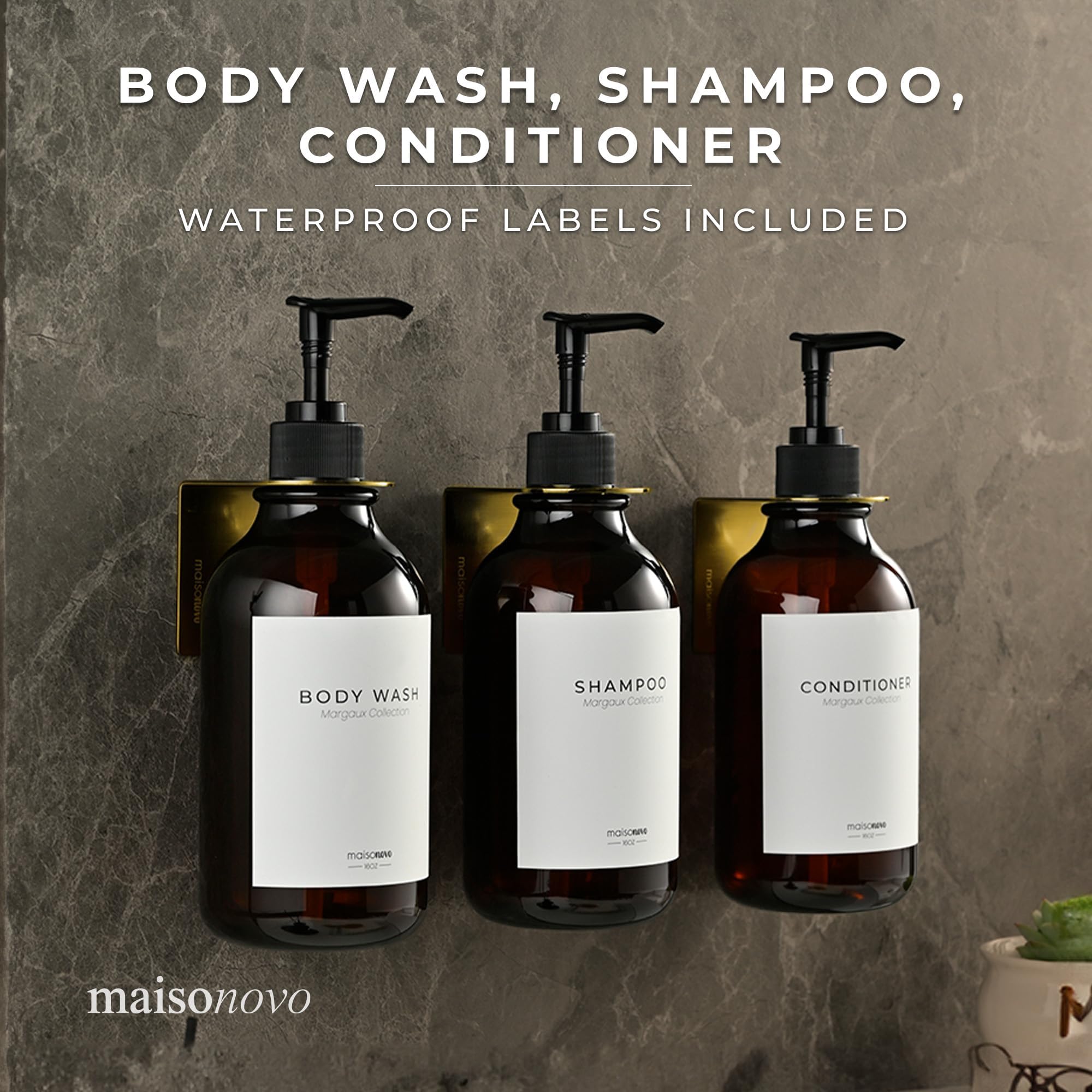 **MaisoNovo 3-Chamber Shampoo & Conditioner Dispenser Set - Wall Mounted Shower Soap Dispenser with Black Pump - 16.9 fl oz Amber Plastic Bottles - No Drill Installation - Perfect for Bathroom, Spa & Gym Organization**