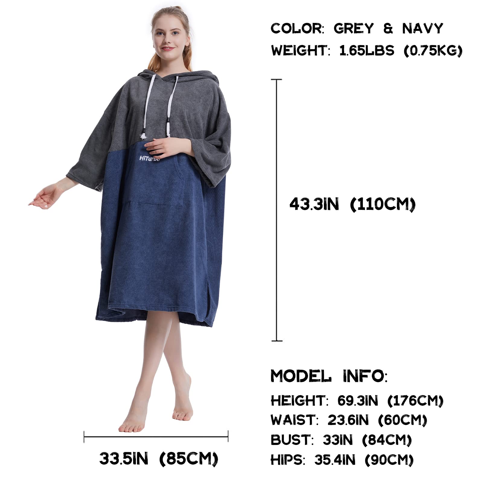 Hiturbo Quick Dry Changing Robe - Absorbent Microfiber Surf Poncho with Hood & 3/4 Sleeves for Beach, Swimming, Surfing & Bathing - Perfect for Post-Water Activities & Outdoor Adventures