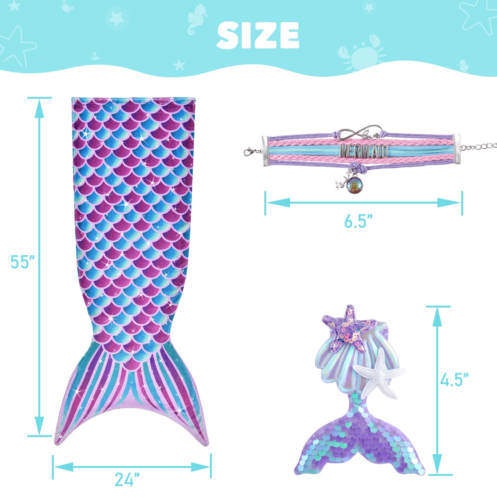 WERNNSAI Mermaid Tail Blanket for Girls & Teens - Soft Flannel Wearable Blanket with Sequin Hairpin Bracelet, 55
