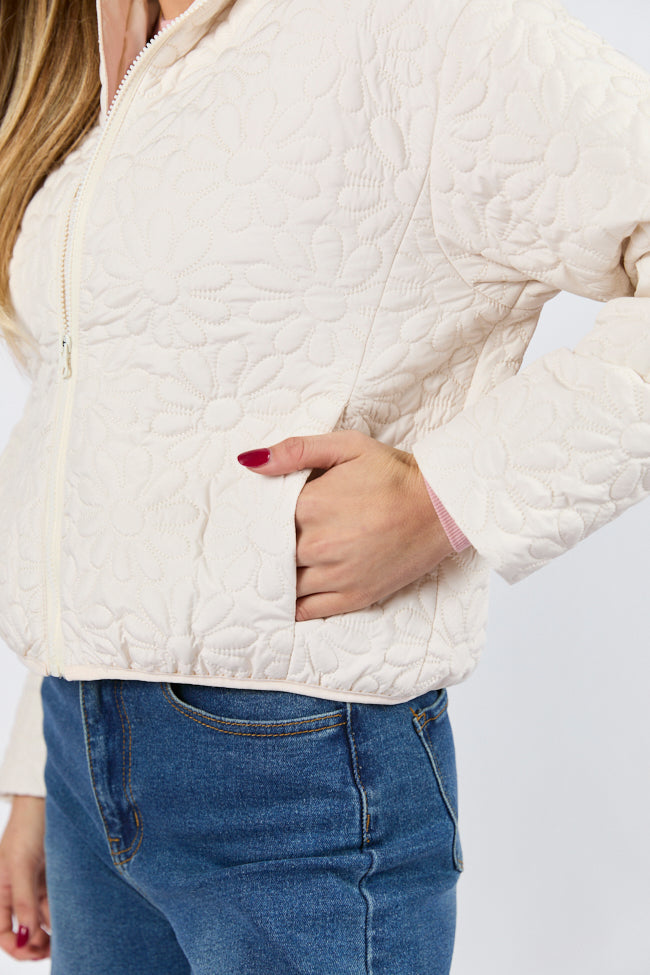 Full Bloom Cream Floral Quilted Zip Up Jacket for Women - Lightweight Spring Outerwear for Casual Wear & Outdoor Activities