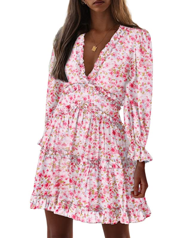 Dokotoo Women's Floral Print Mini Dress - Deep V Neck, Ruffle Long Sleeve, Spring Summer 2023 Fashion | Perfect for Date Night, Cocktail Parties & Beach Vacations